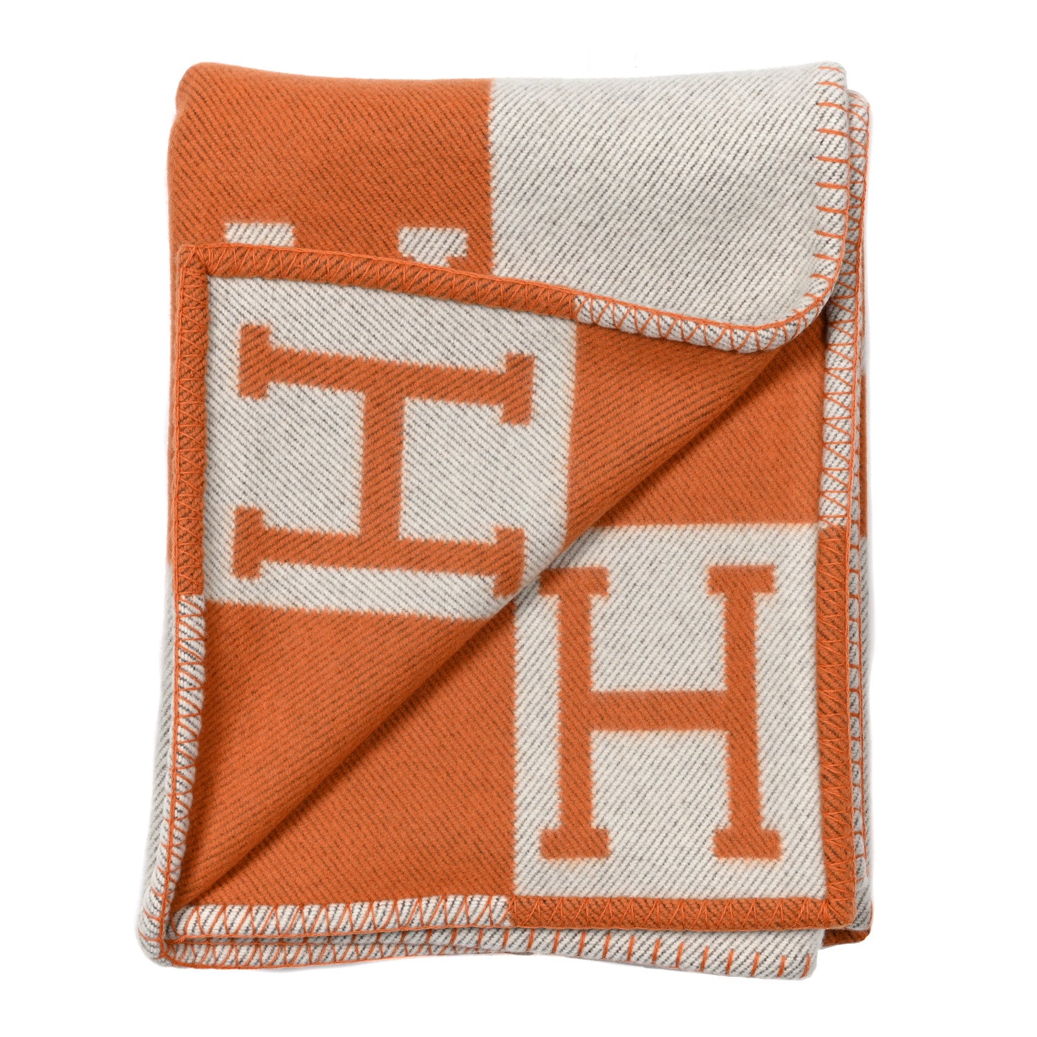 Hermes Wool Cashmere Signature Classic Avalon Blanket Ecru Potiron 2 of 3