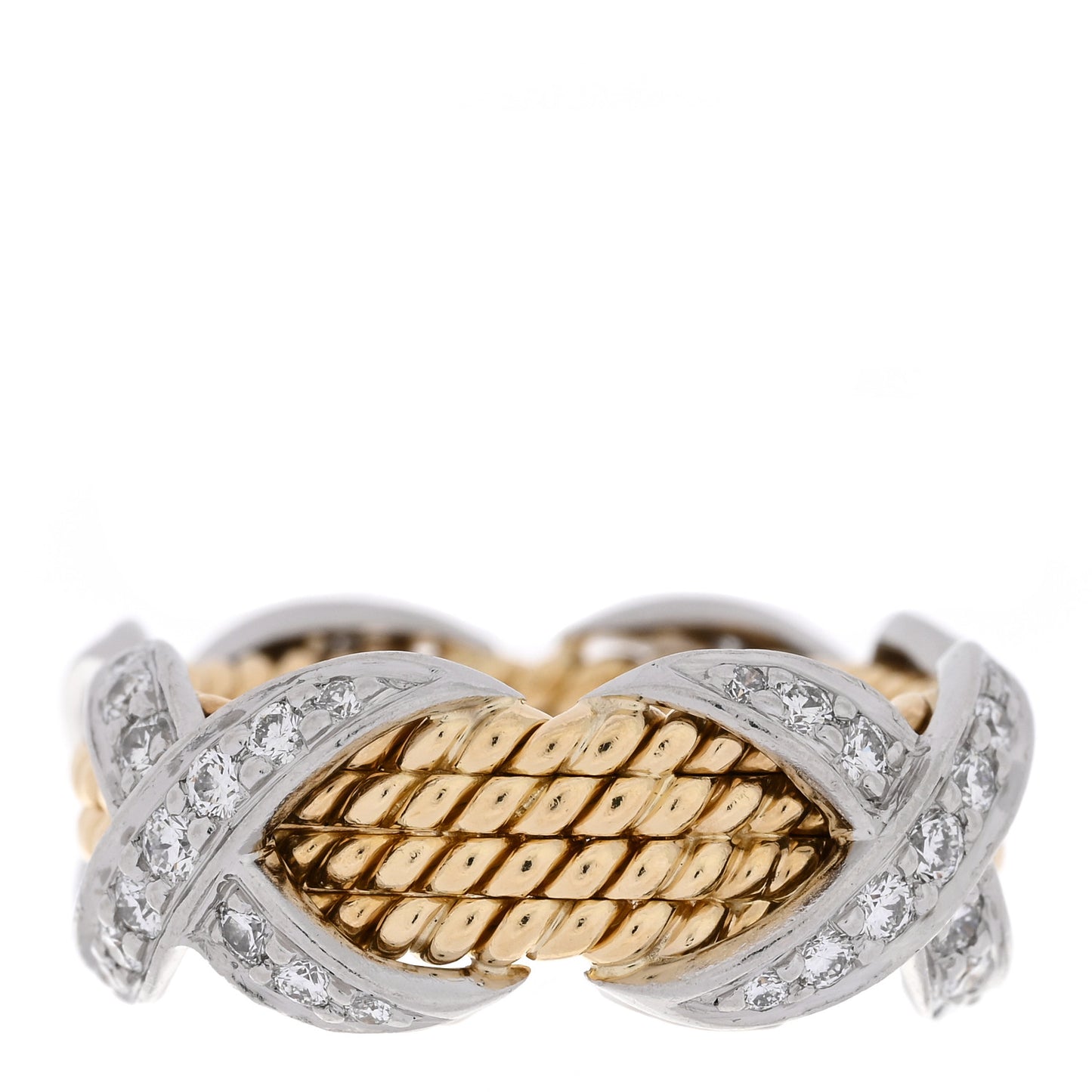 18K Yellow Gold Platinum Diamond Schlumberger Rope Four Row X Ring 50 5.25