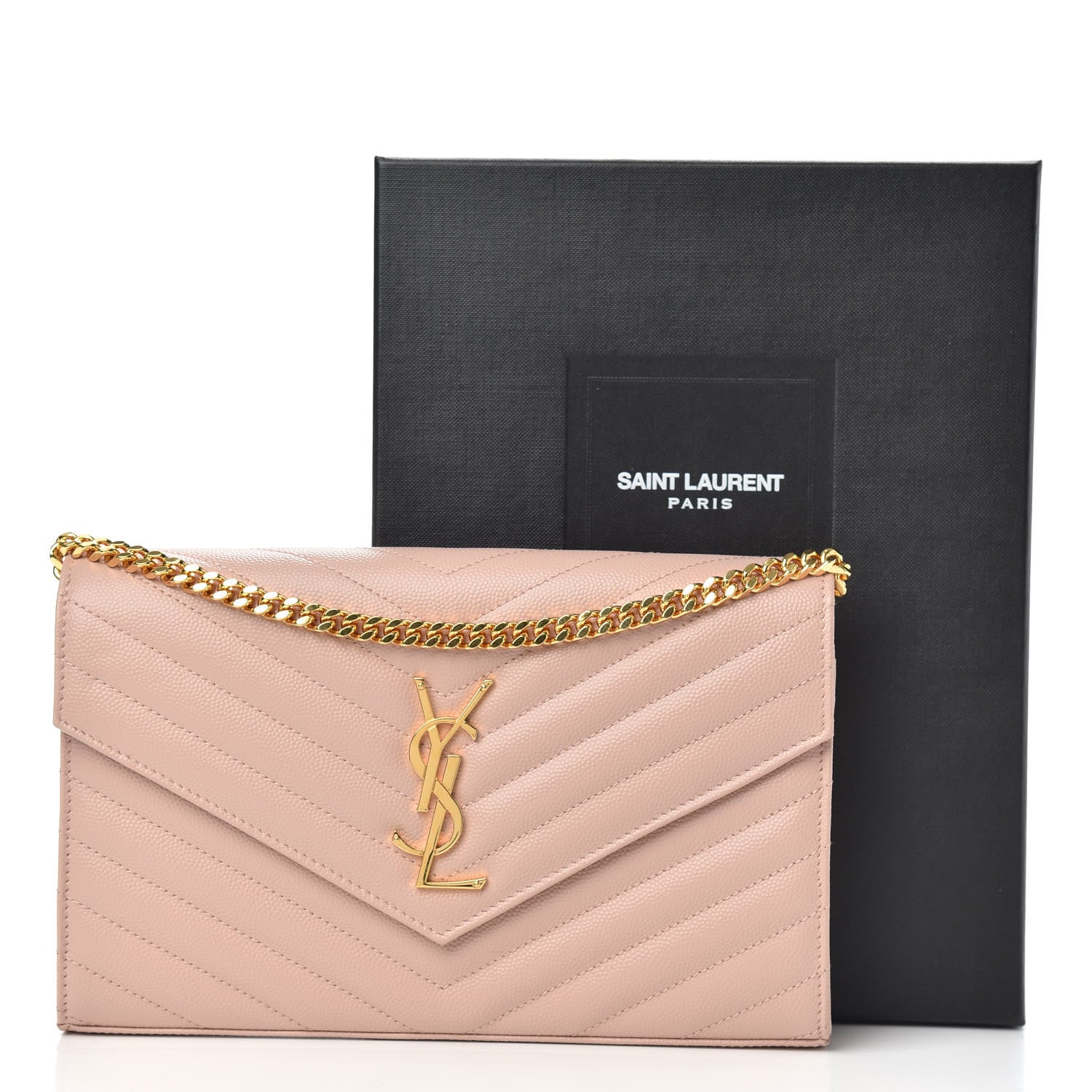 Saint Laurent Grain De Poudre Matelasse Chevron Monogram Chain Wallet Pale Pink 10 of 10