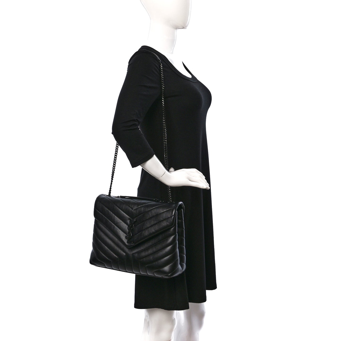 Calfskin Y Quilted Monogram Monochrome Medium Loulou Chain Satchel Black