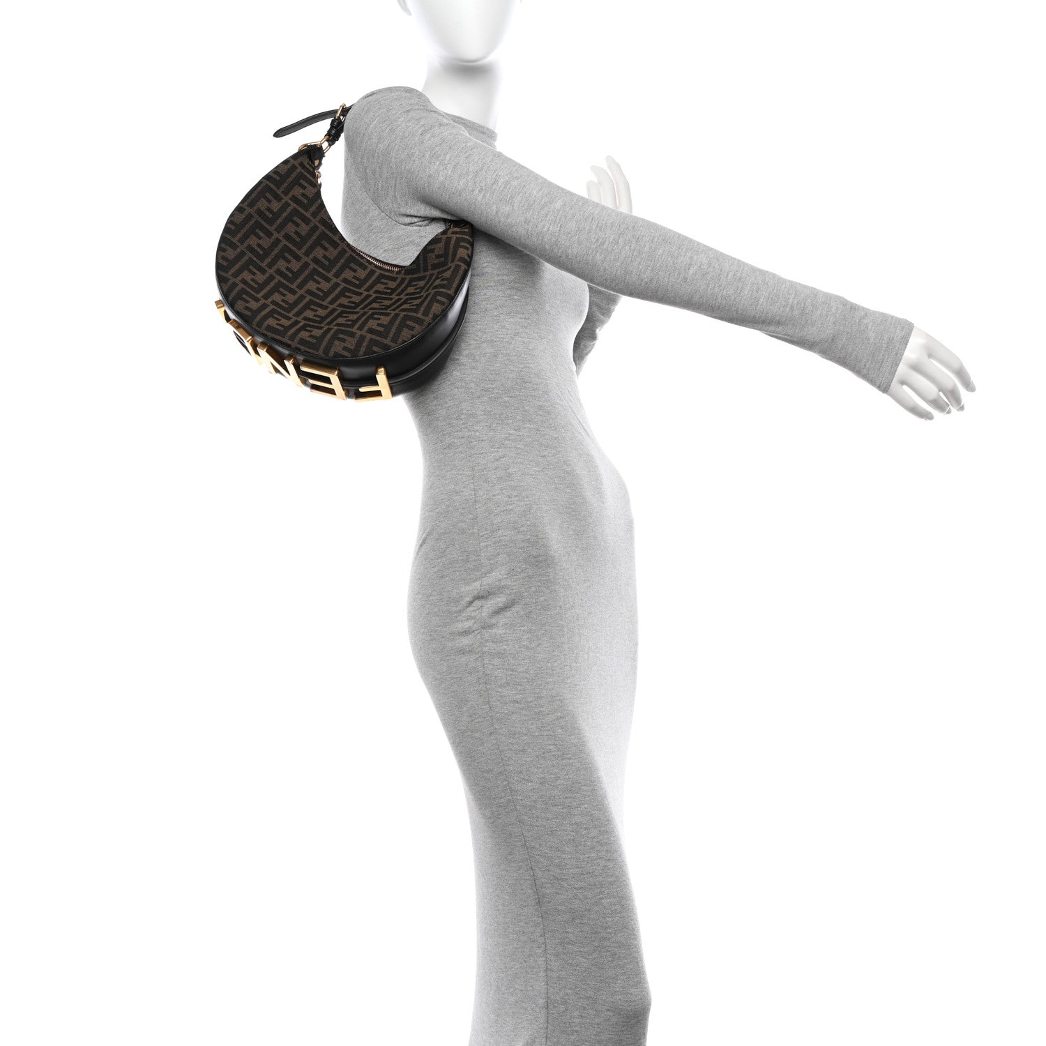 Fendi Fabric Jacquard Vitello Grace FF 1974 Small Fendigraphy Hobo Bag Tobacco Moro Ebano 2 of 12