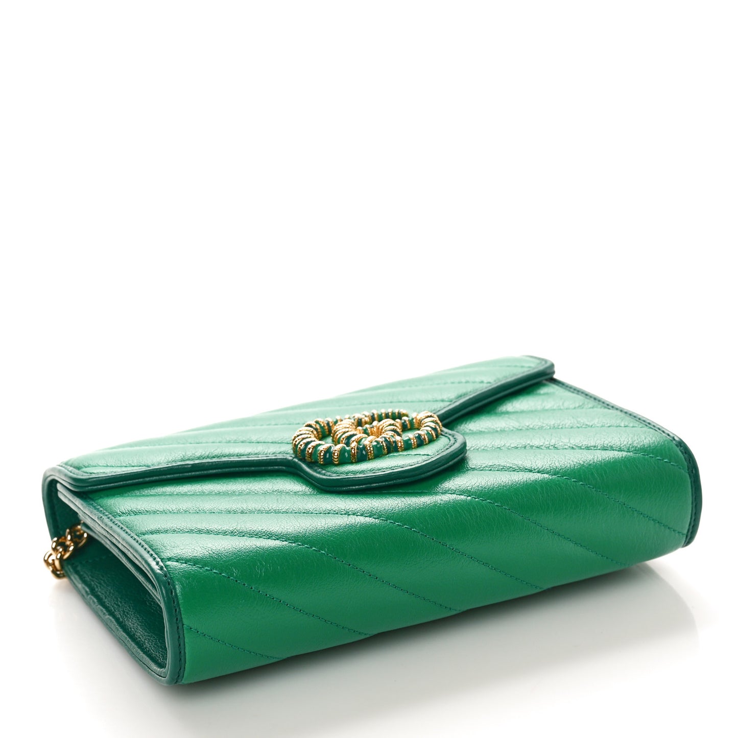 Azalea Calfskin Enamel Matelasse Diagonal Torchon GG Marmont Chain Wallet New Shamrock Emerald