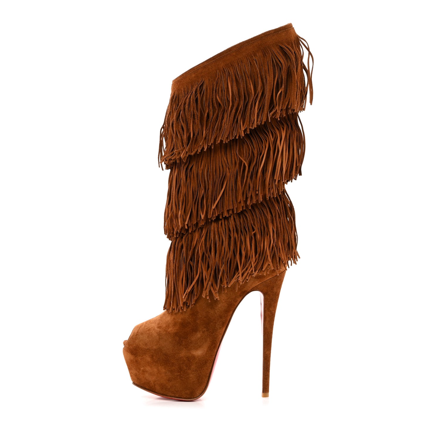 Suede Highness Tina Fringe Platform Peep Toe Boots 37.5 Brown
