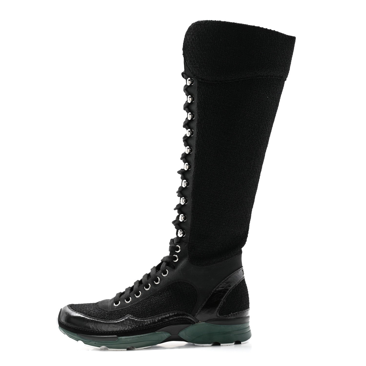 Chanel Tweed Patent Calfskin Sneaker High Boots 38.5 Black 1 of 10