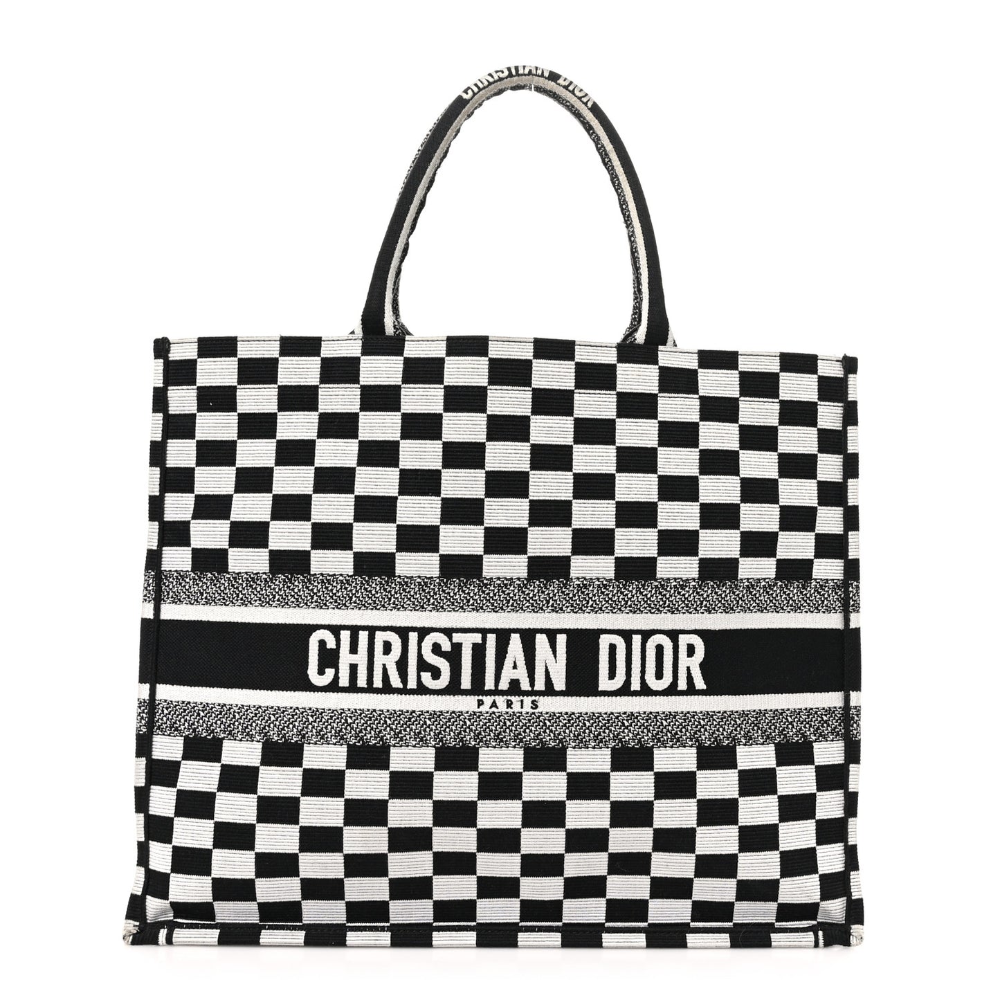 Canvas Embroidered Checkered Book Tote Black White