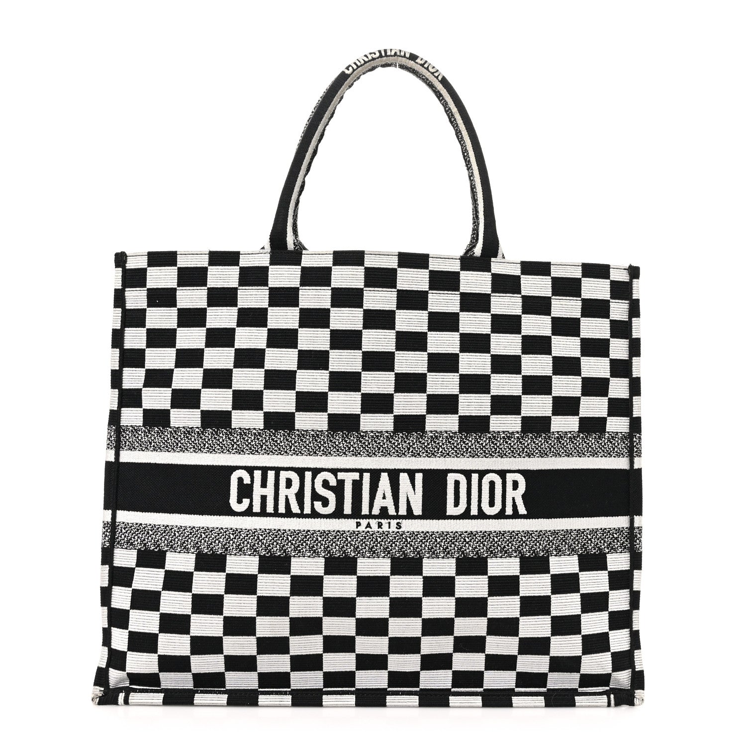 Christian Dior Canvas Embroidered Checkered Book Tote Black White 1 of 10