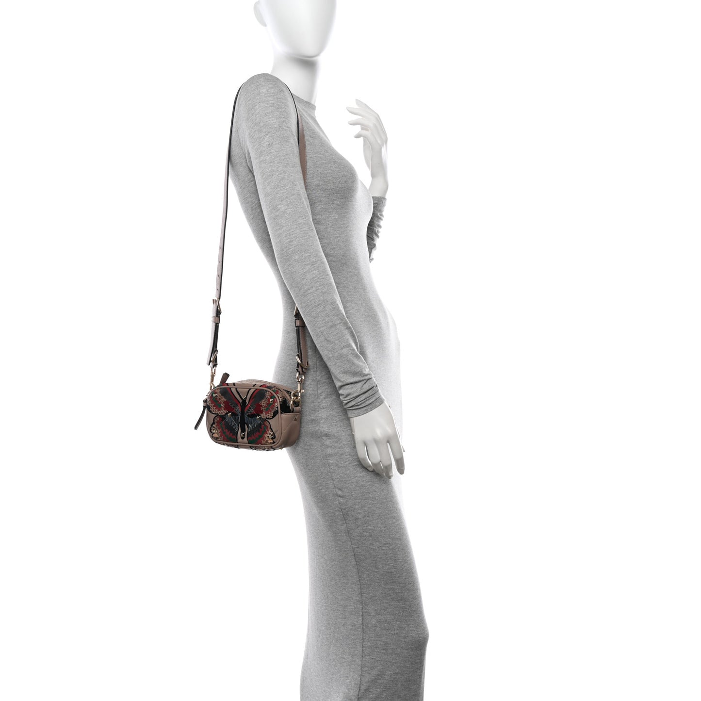 Calfskin Butterfly Embroidered Rockstud Camera Crossbody Bag Poudre