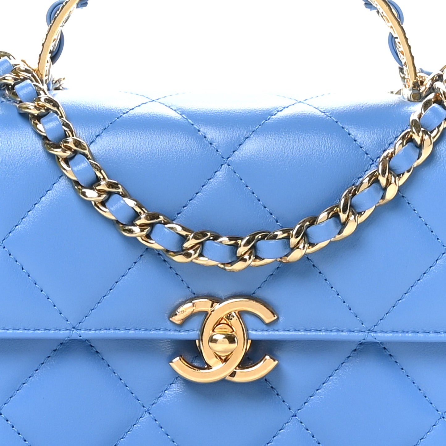 Lambskin Quilted Chain Logo Top Handle Flap Blue