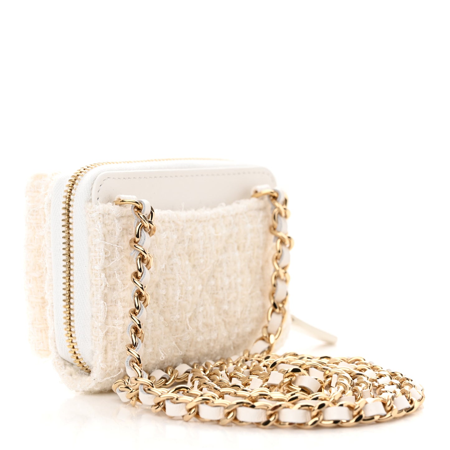 Tweed Quilted Bow Flap Card Holder On Chain White