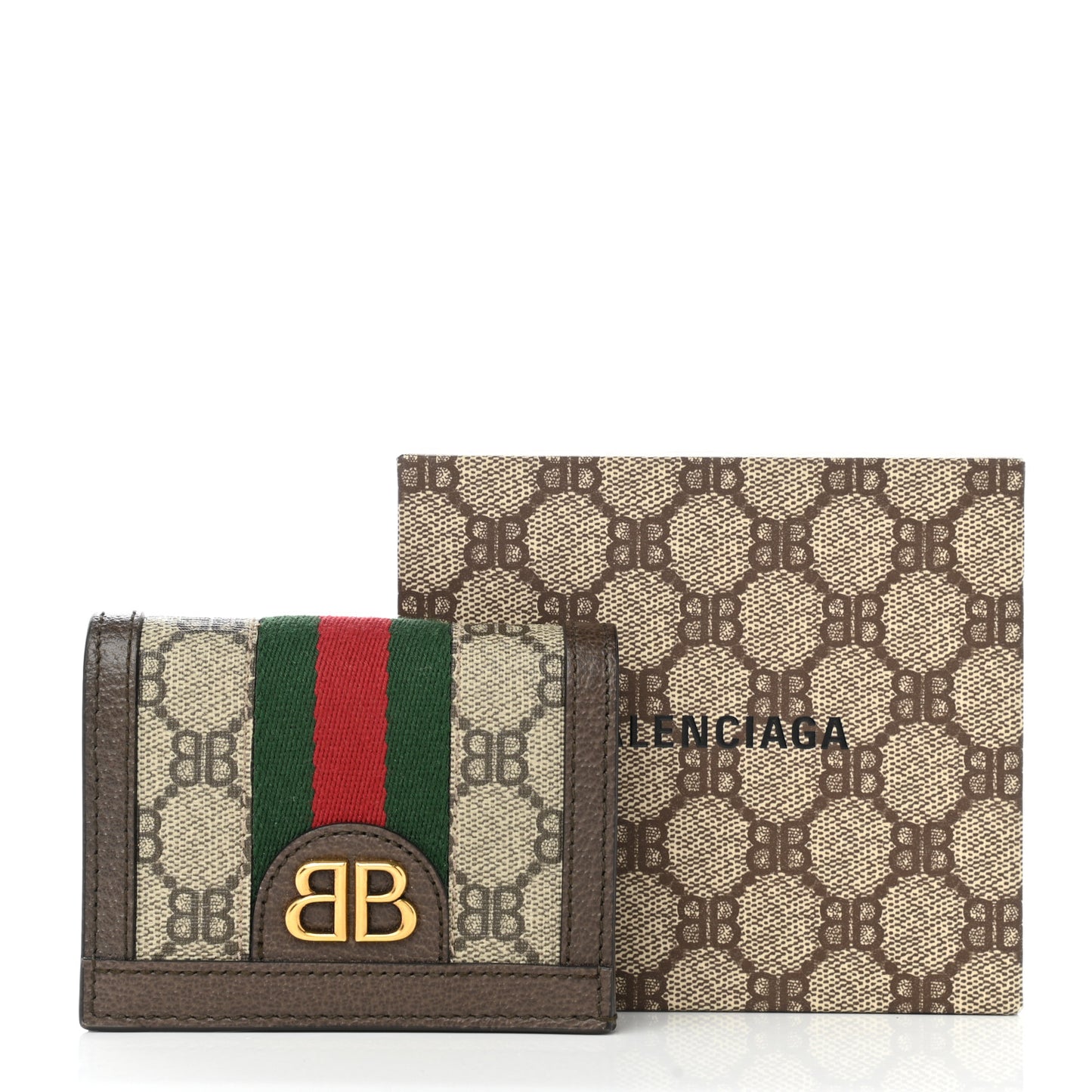 X BALENCIAGA BB Supreme Monogram Textured Dollar Calfskin Web Ophidia Card Case Wallet Beige Ebony New Acero