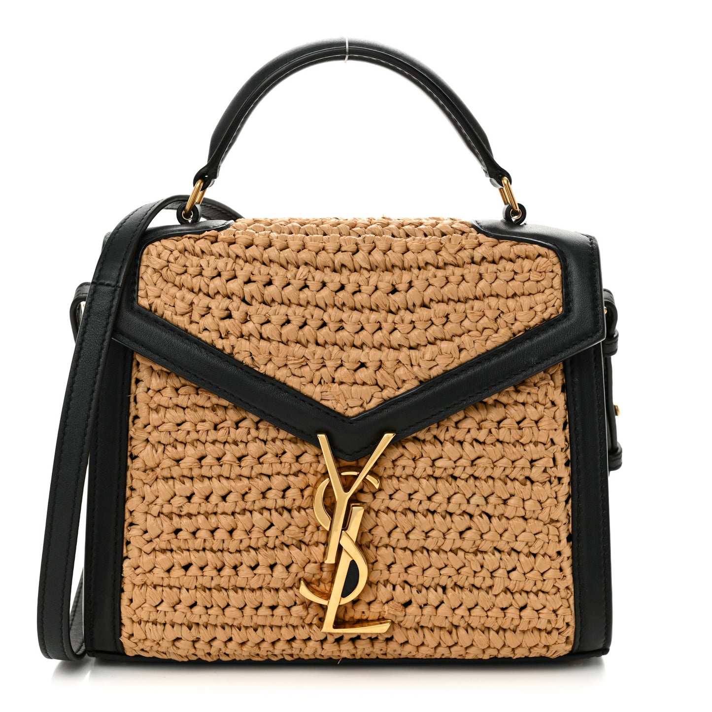 Raffia Calfskin Mini Classic Monogram Cassandra Top Handle Black Natural
