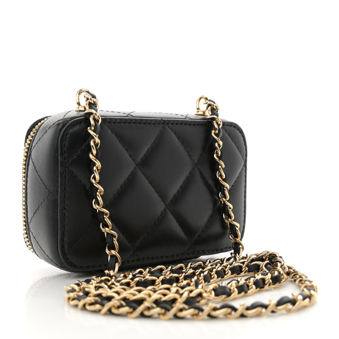 Lambskin Metal Quilted Extra Mini Vanity Case With Chain Black Gold