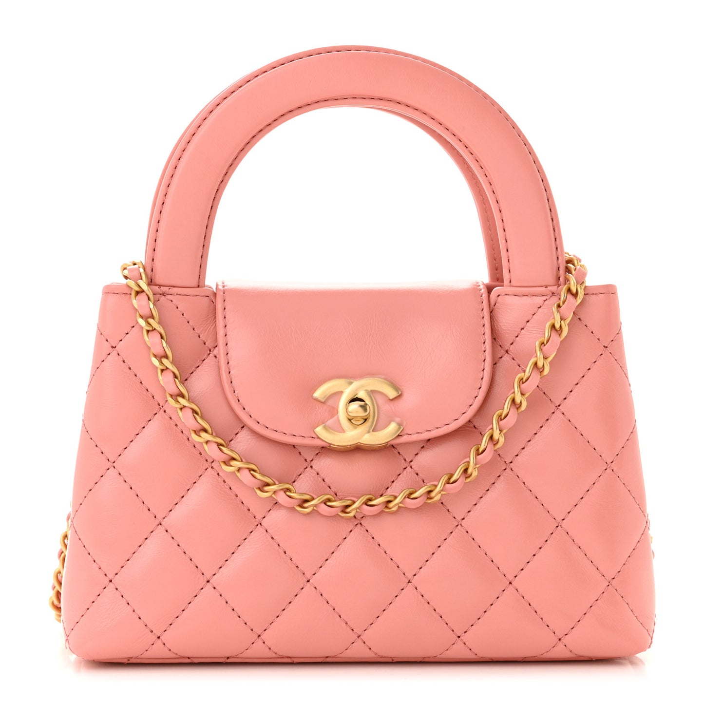 Shiny Aged Calfskin Quilted Nano Kelly Shopper Coral Pink