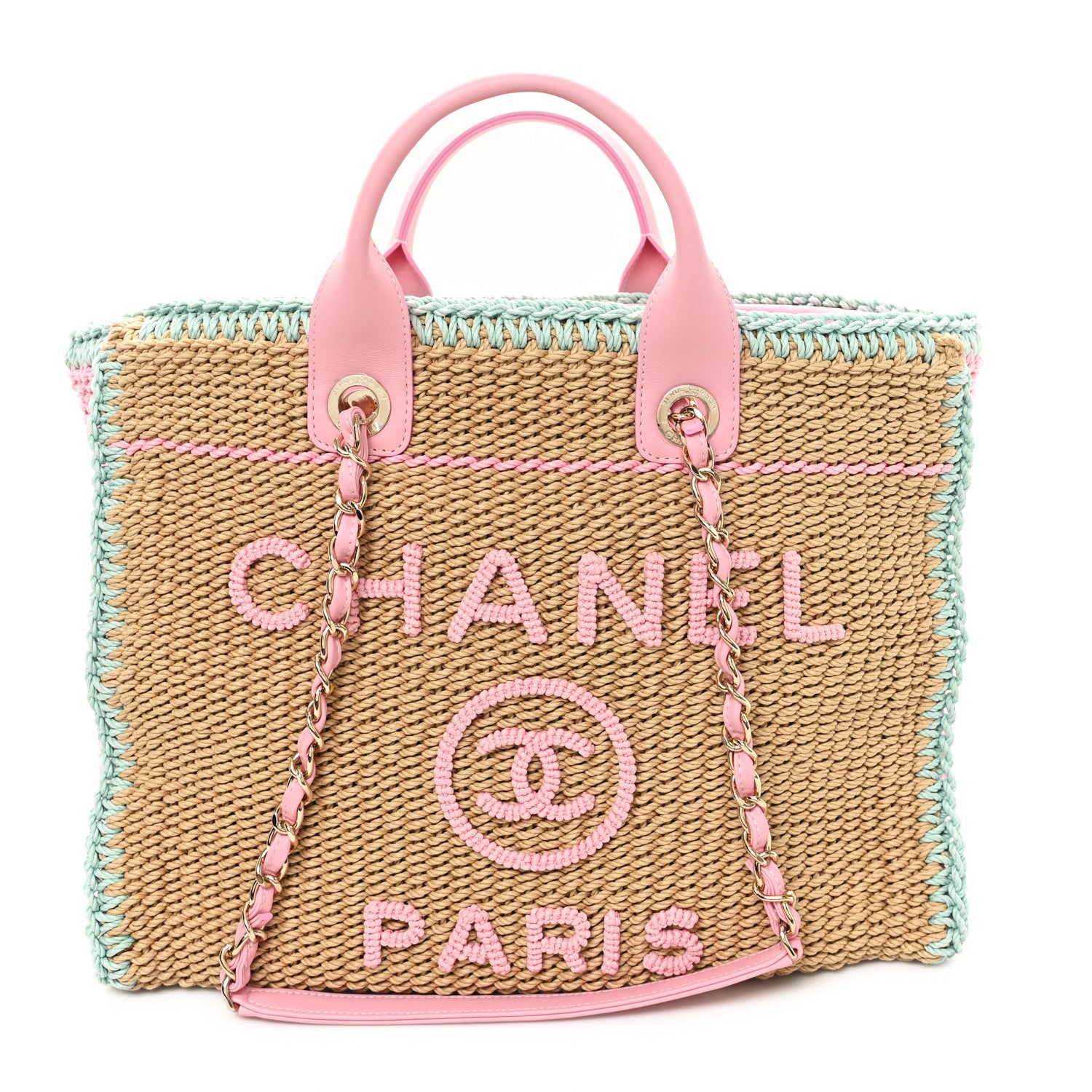 Chanel Raffia Crochet Medium Deauville Tote Beige Light Pink Green