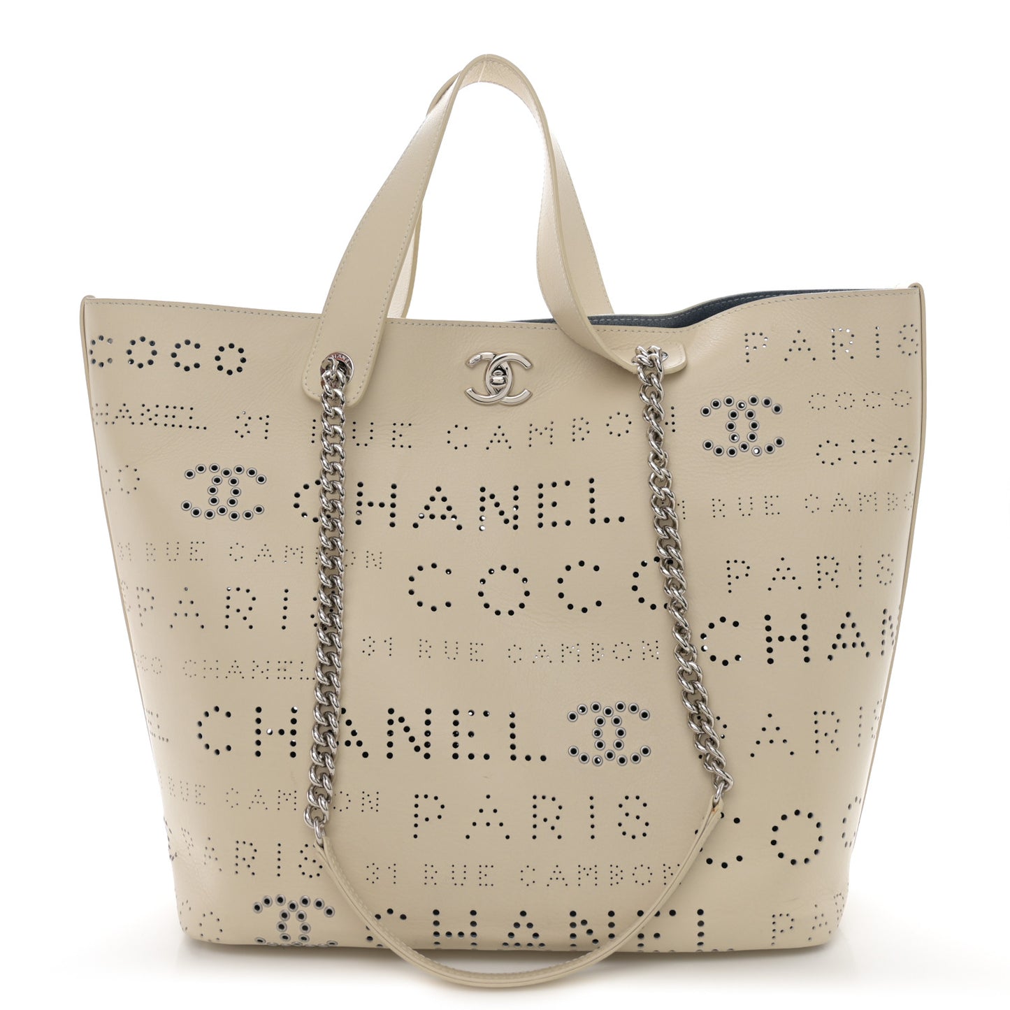 Calfskin Tweed Small Logo Eyelets Shopping Tote Beige