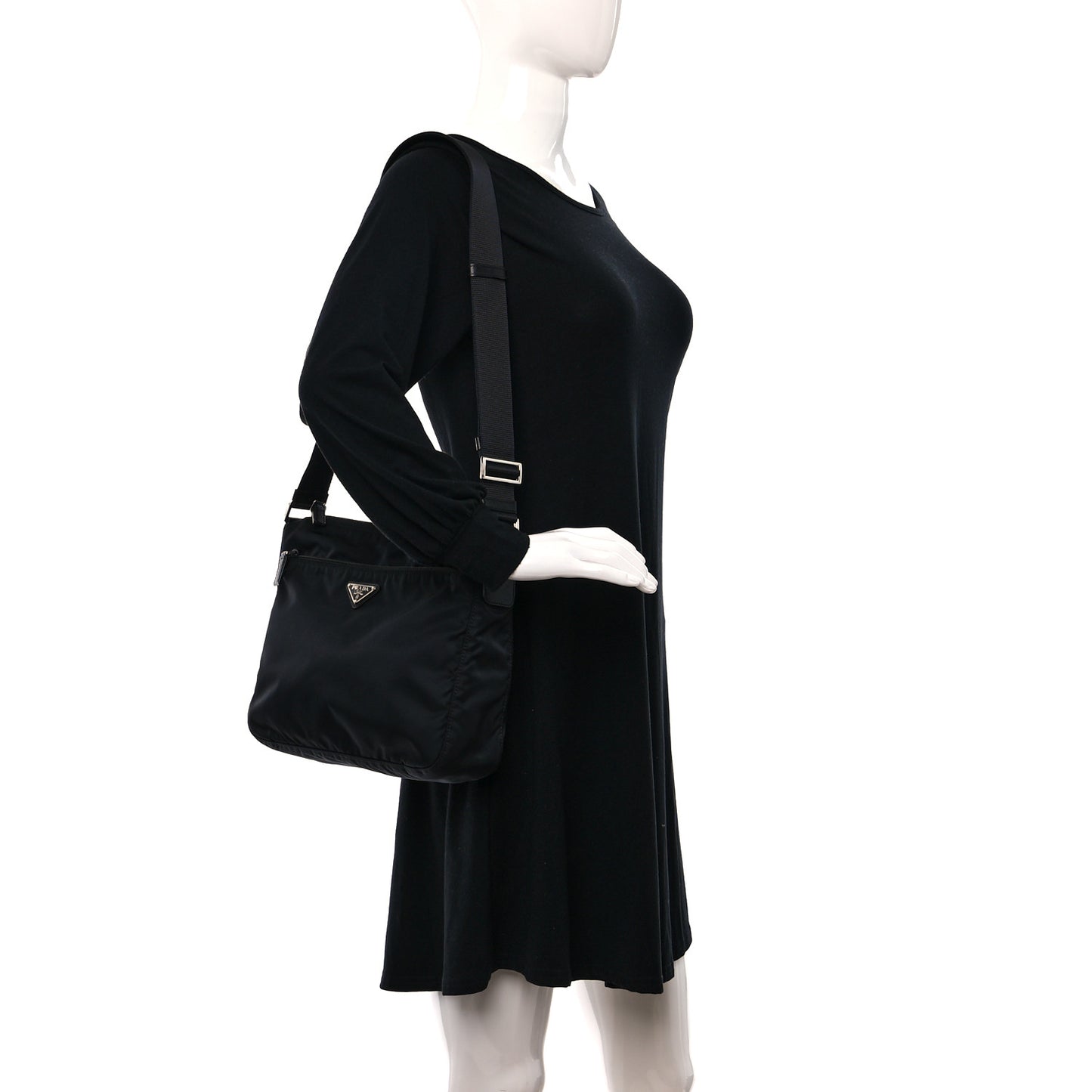 Re-Nylon Vela Saffiano Pocket Double Zip Messenger Bag Black