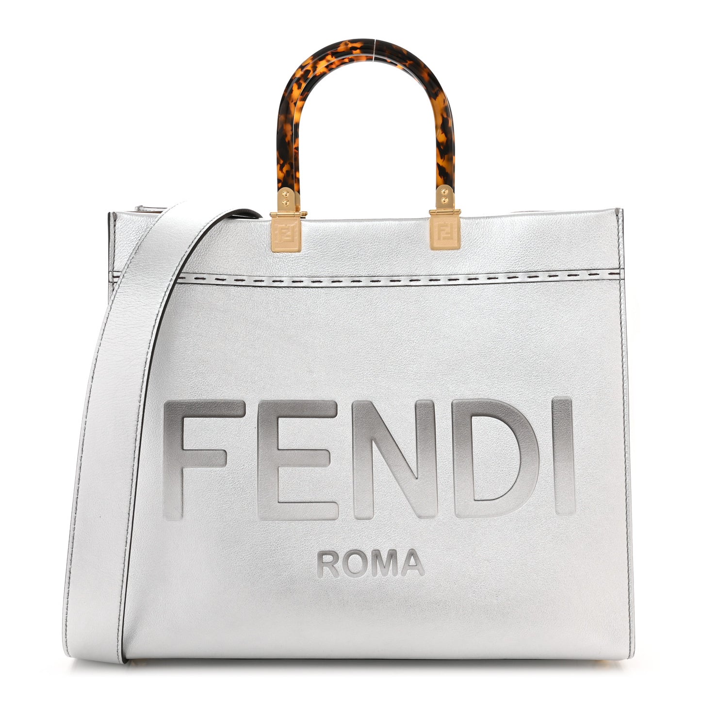Vitello Catalan Mirror Plexiglass Logo Embossed Medium Fendi Sunshine Shopper Tote Argento
