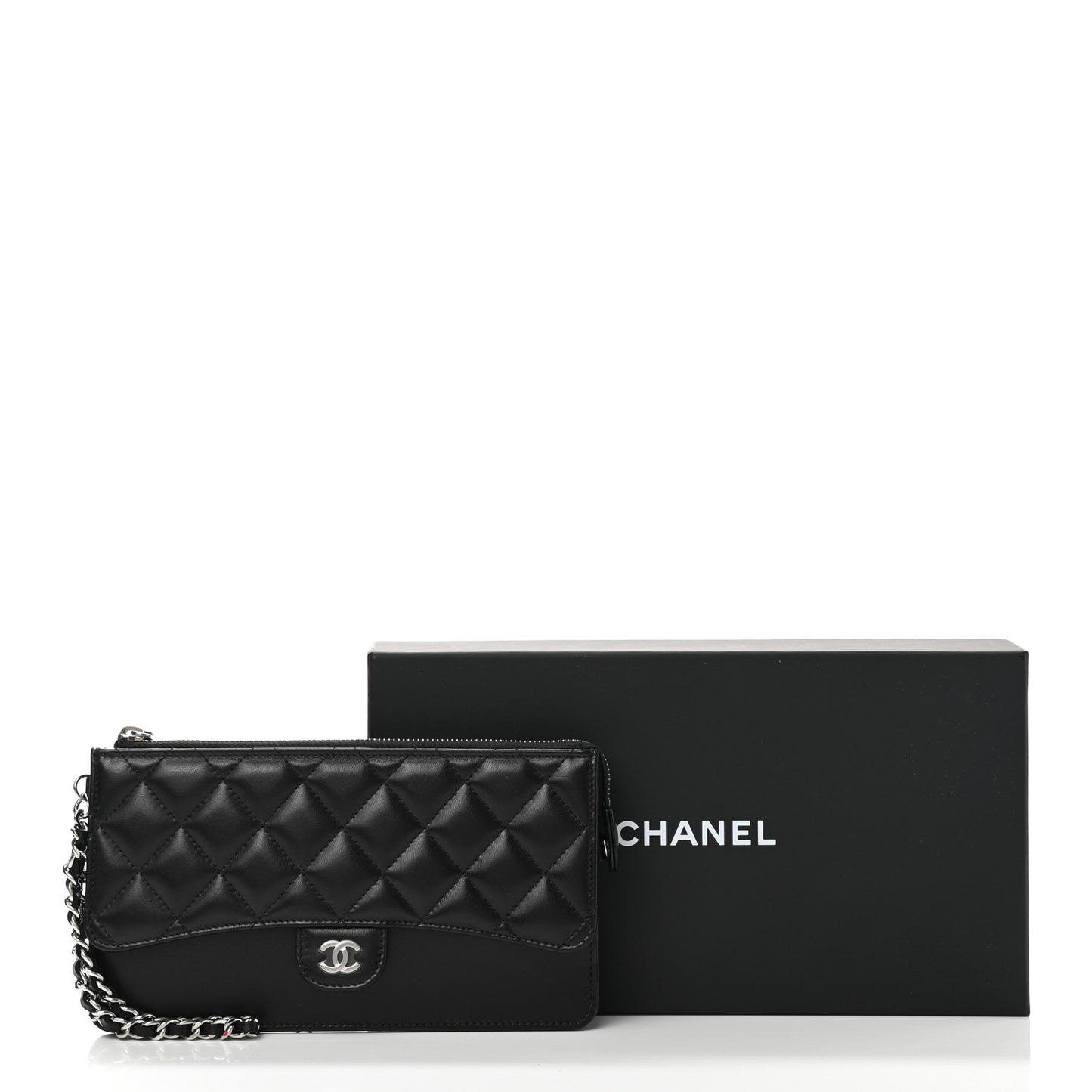Lambskin Quilted Classic Pouch With Handle Black