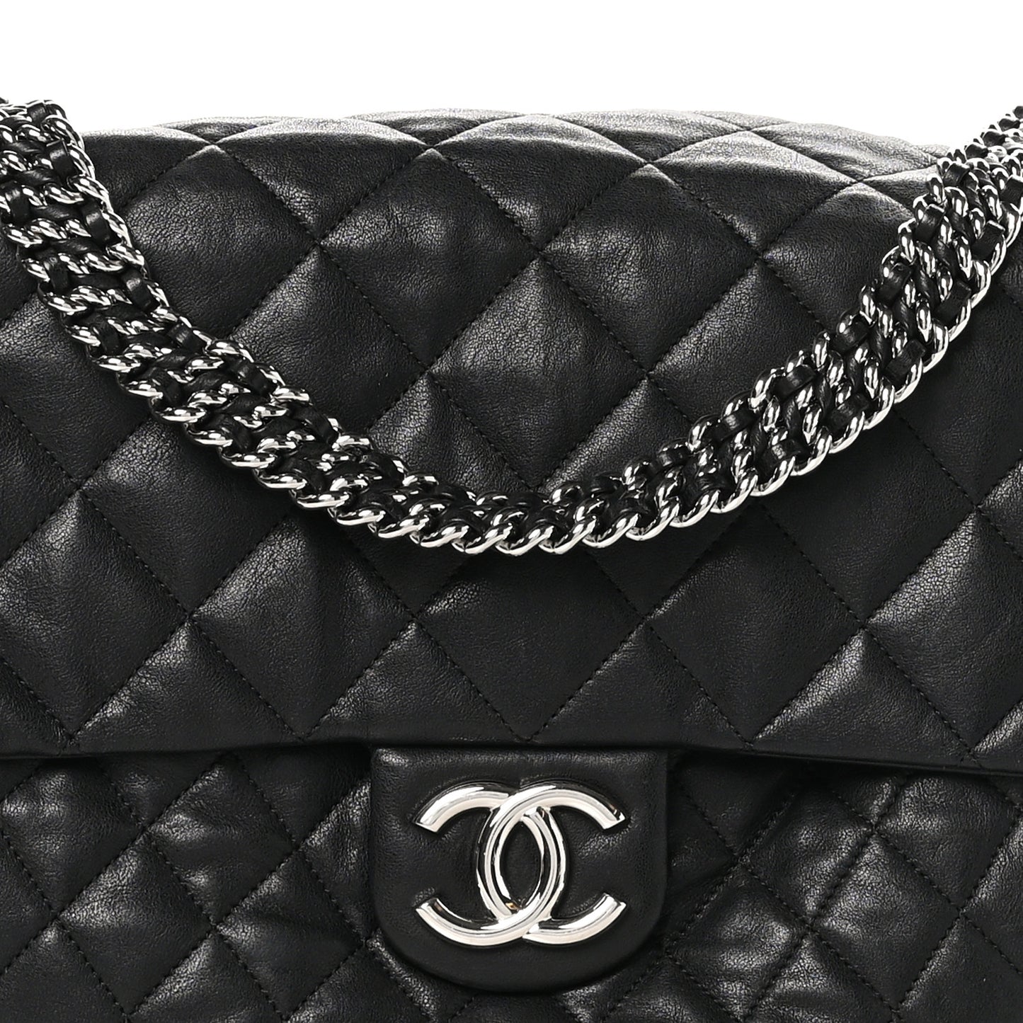 Washed Lambskin Quilted Maxi Chain Around Flap Black