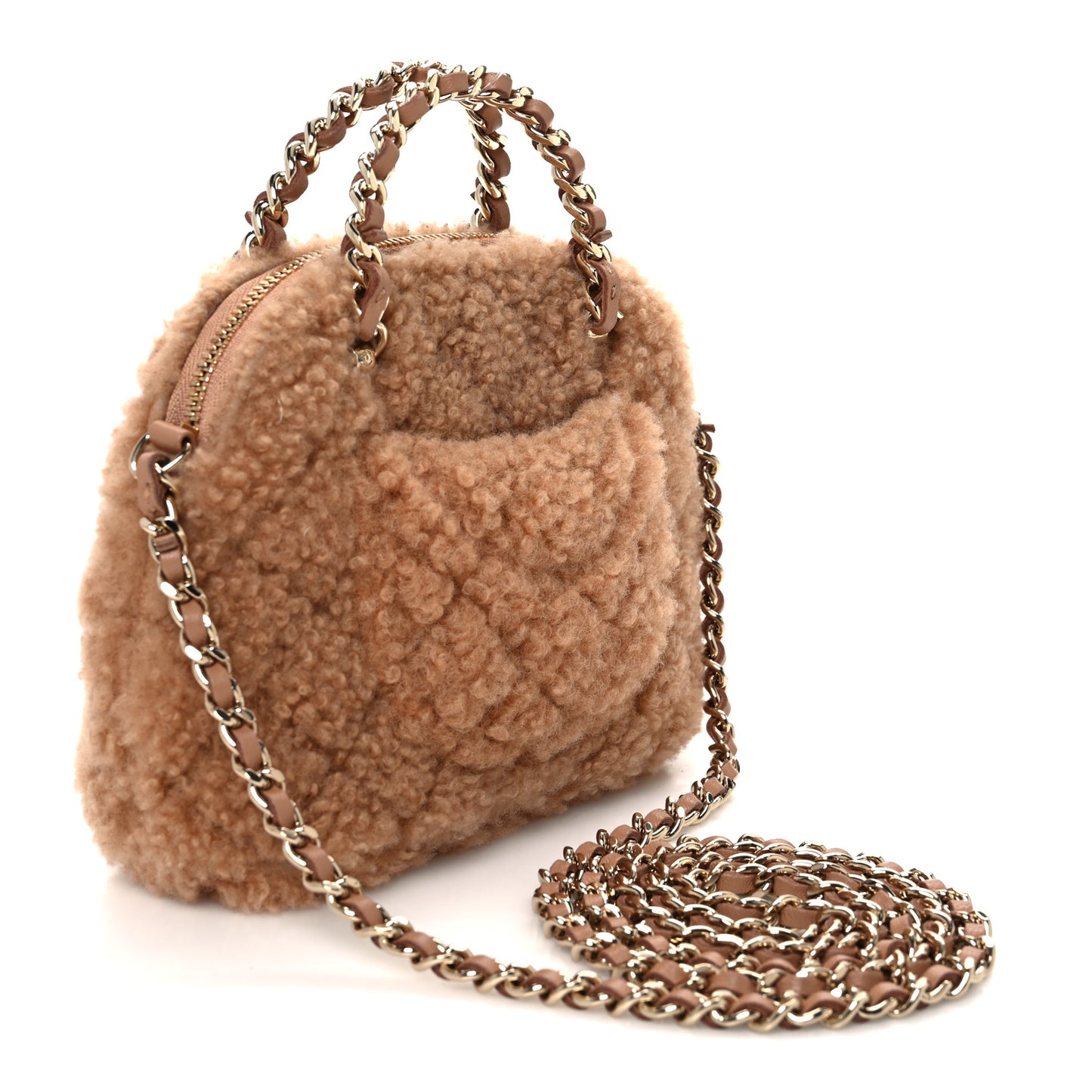 Shearling Quilted Shiny Coco Clutch With Chain Dark Beige