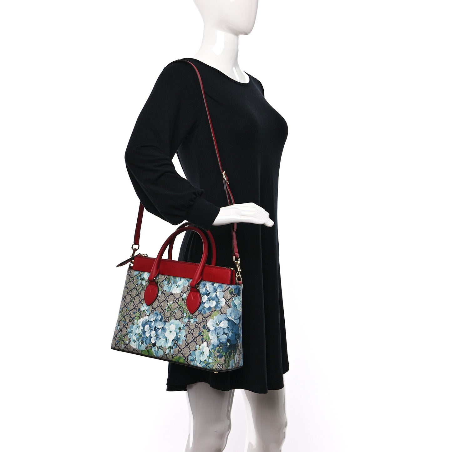 GG Supreme Monogram Blooms Medium Zip Top Tote Beige Blue Navy Hibiscus Red