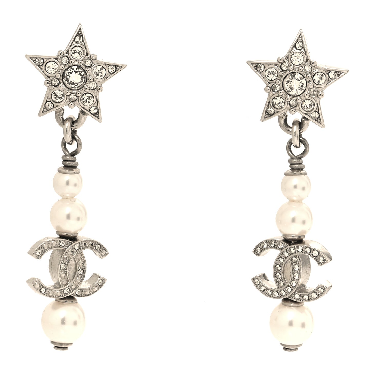 Crystal Pearl CC Star Drop Earrings Silver