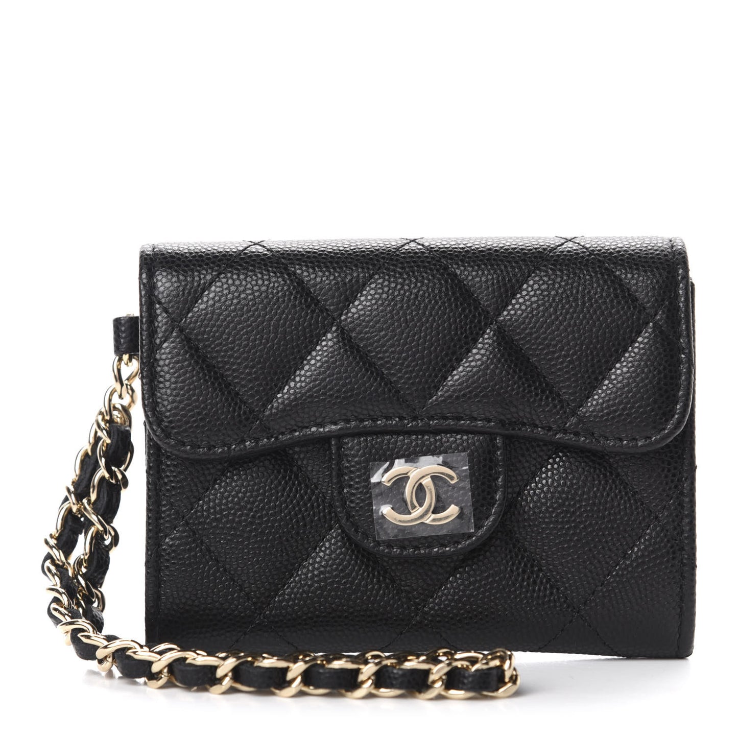 Caviar Quilted Flap Card Holder Chain Wristlet Black