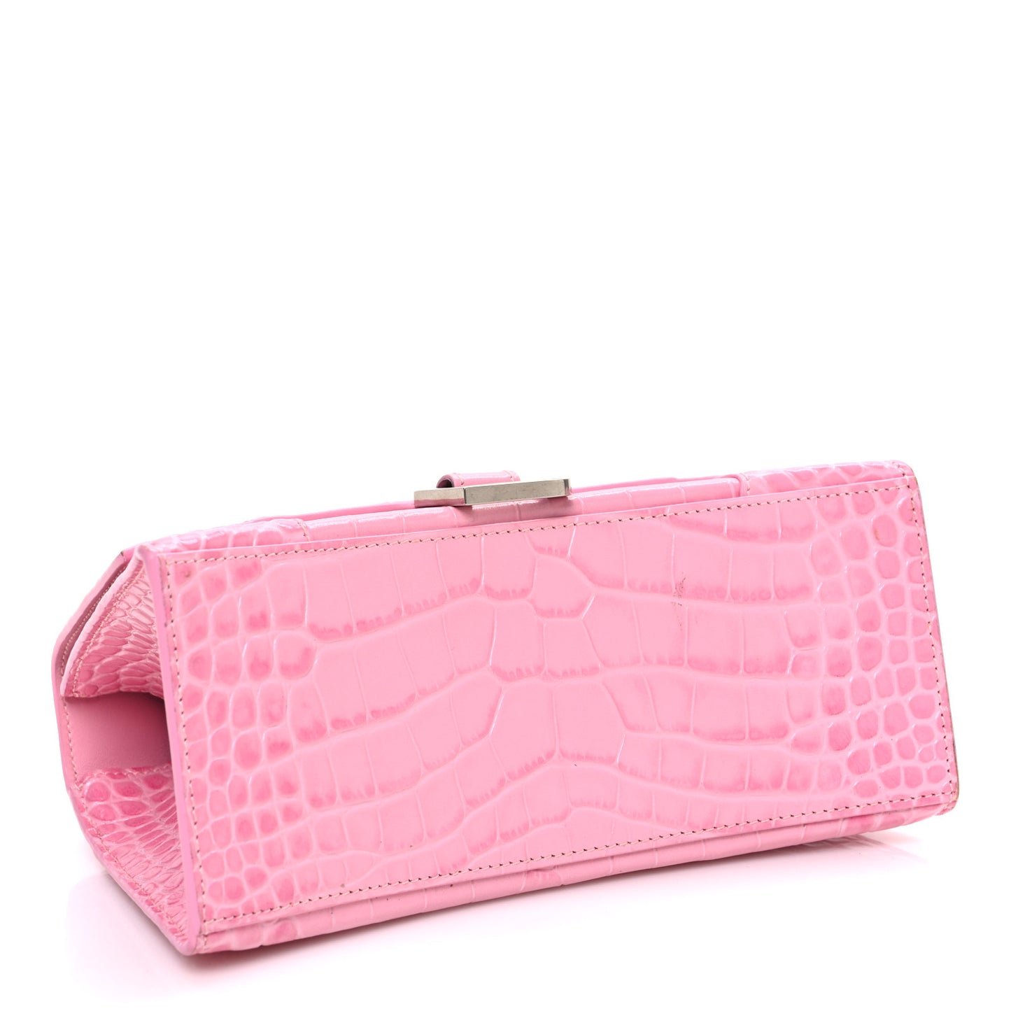 Shiny Calfskin Crocodile Embossed Small Hourglass Top Handle Bag Candy Pink
