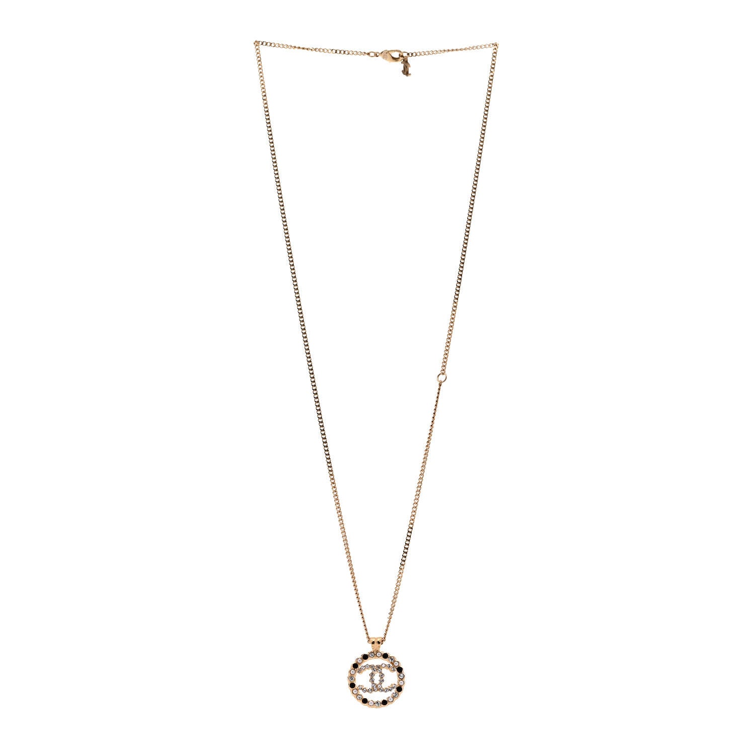 Chanel Pearl Crystal CC Round Pendant Necklace Gold Black 3 of 6