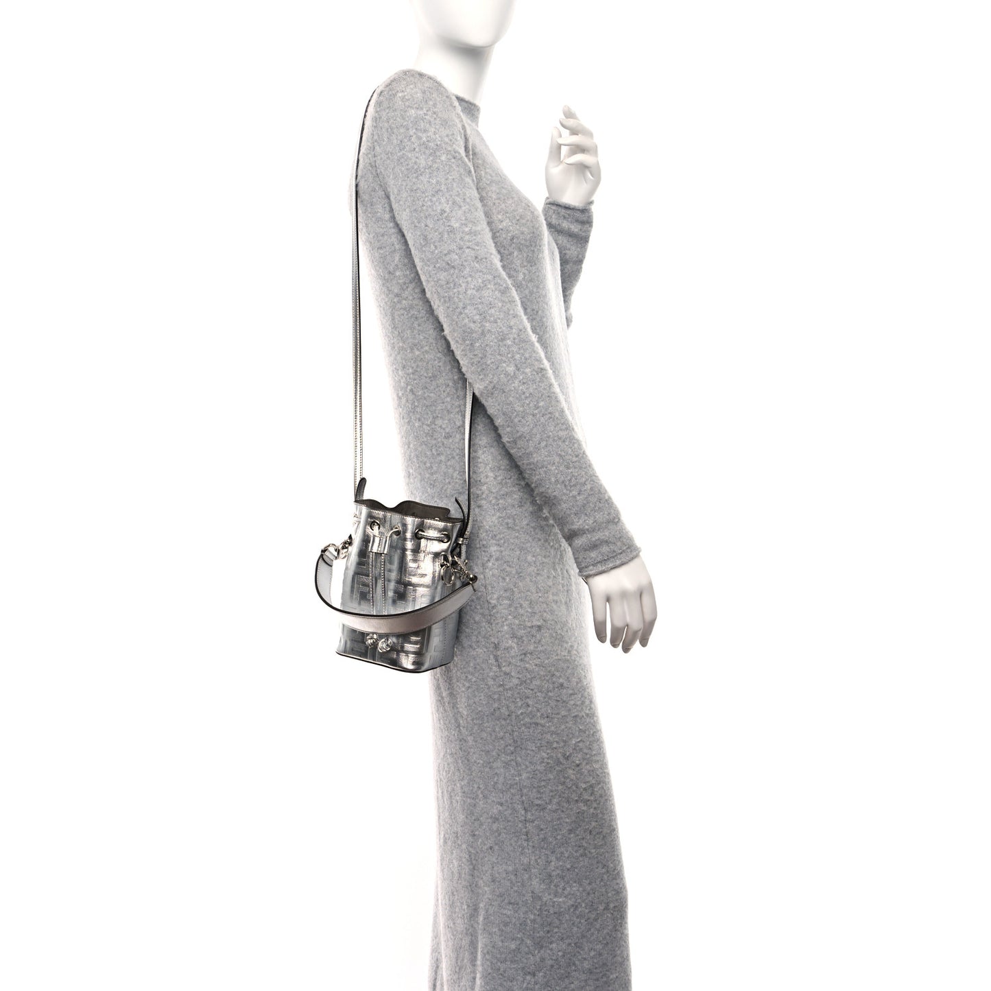 Metallic Vitello Liberty F is Fendi FF 1974 Embossed Mini Mon Tresor Bucket Bag Argento