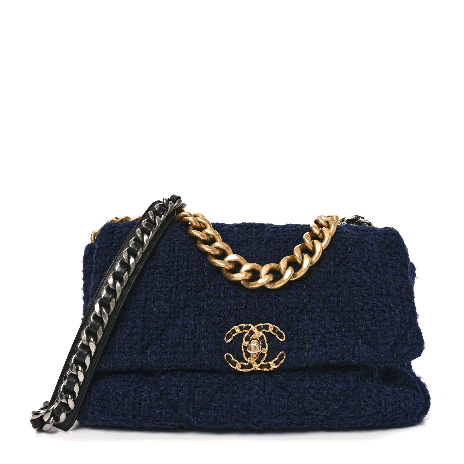 Chanel Tweed Quilted Large Chanel 19 Flap Navy Blue 1797091