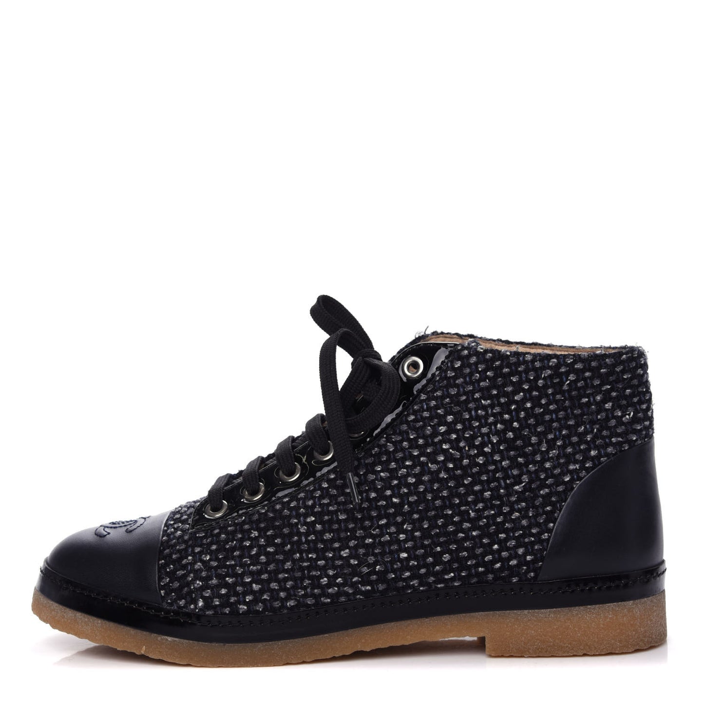 Tweed Calfskin Patent CC Lace Up Short Boots 38.5 Black Grey Dark Navy