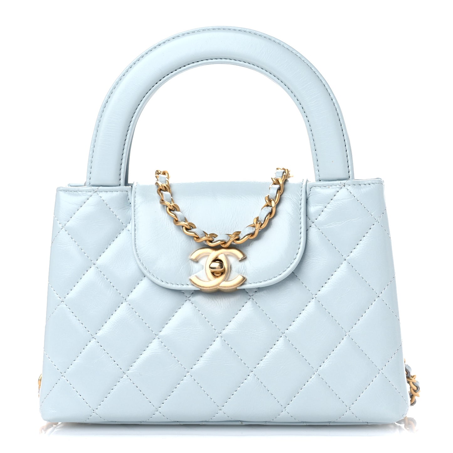 Shiny Aged Calfskin Quilted Nano Kelly Shopper Light Blue