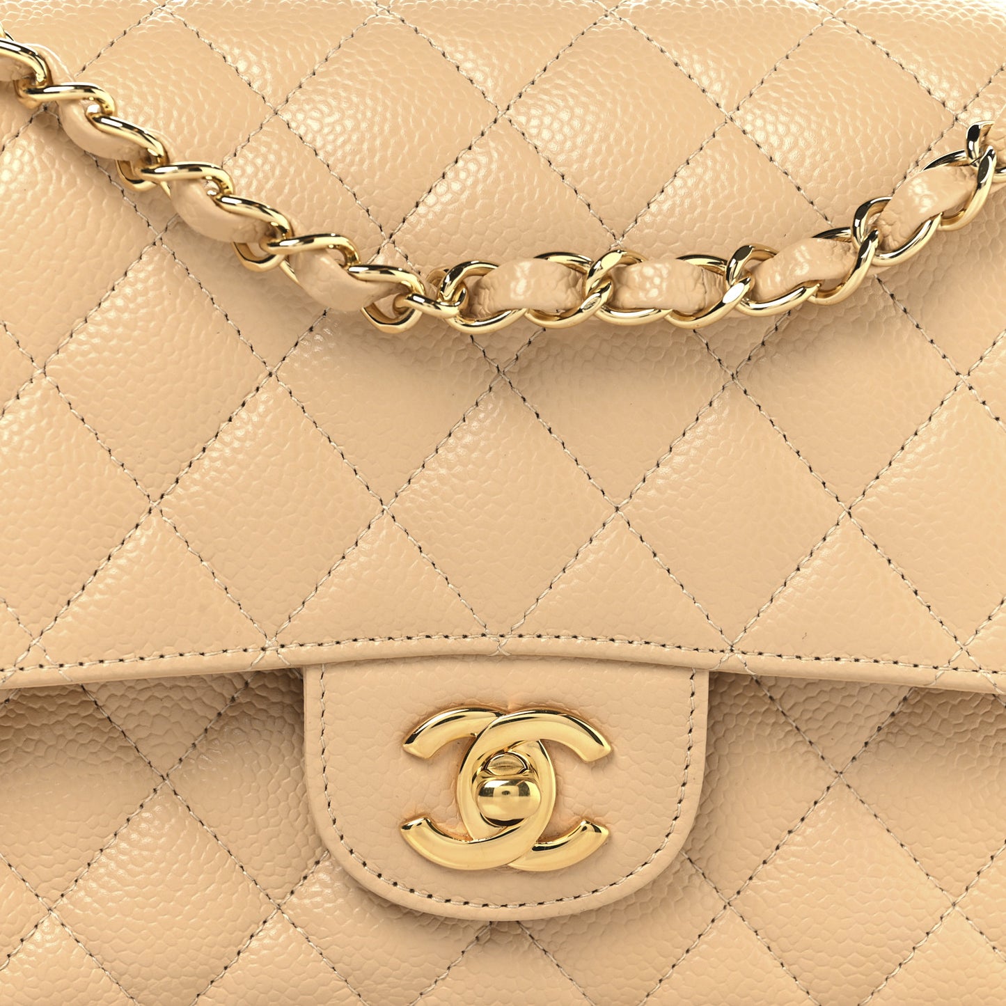 Caviar Quilted Medium Double Flap Beige