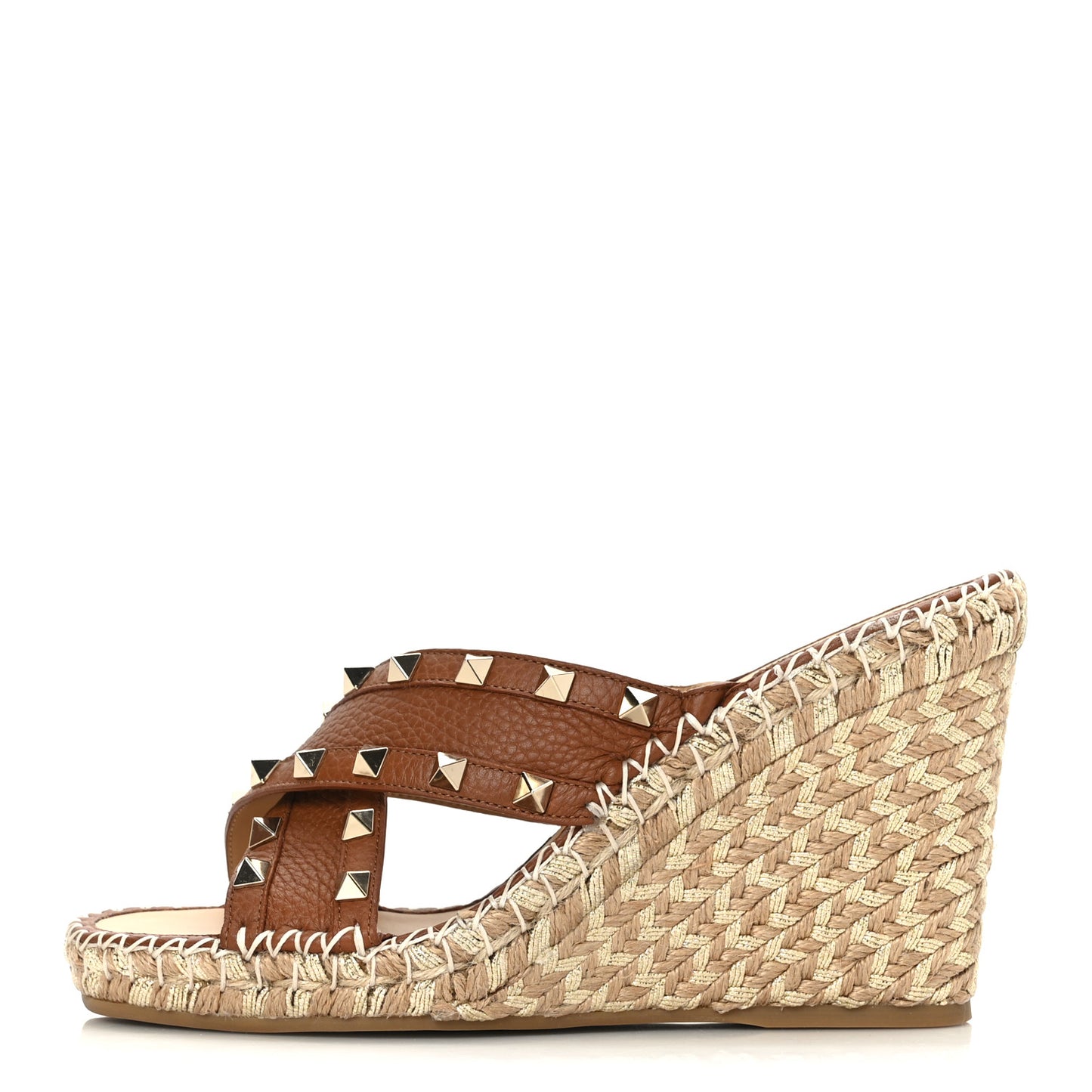 Pebbled Calfskin Rockstud Criss Cross Espadrille 15/105mm Wedge Sandals 38 Selleria