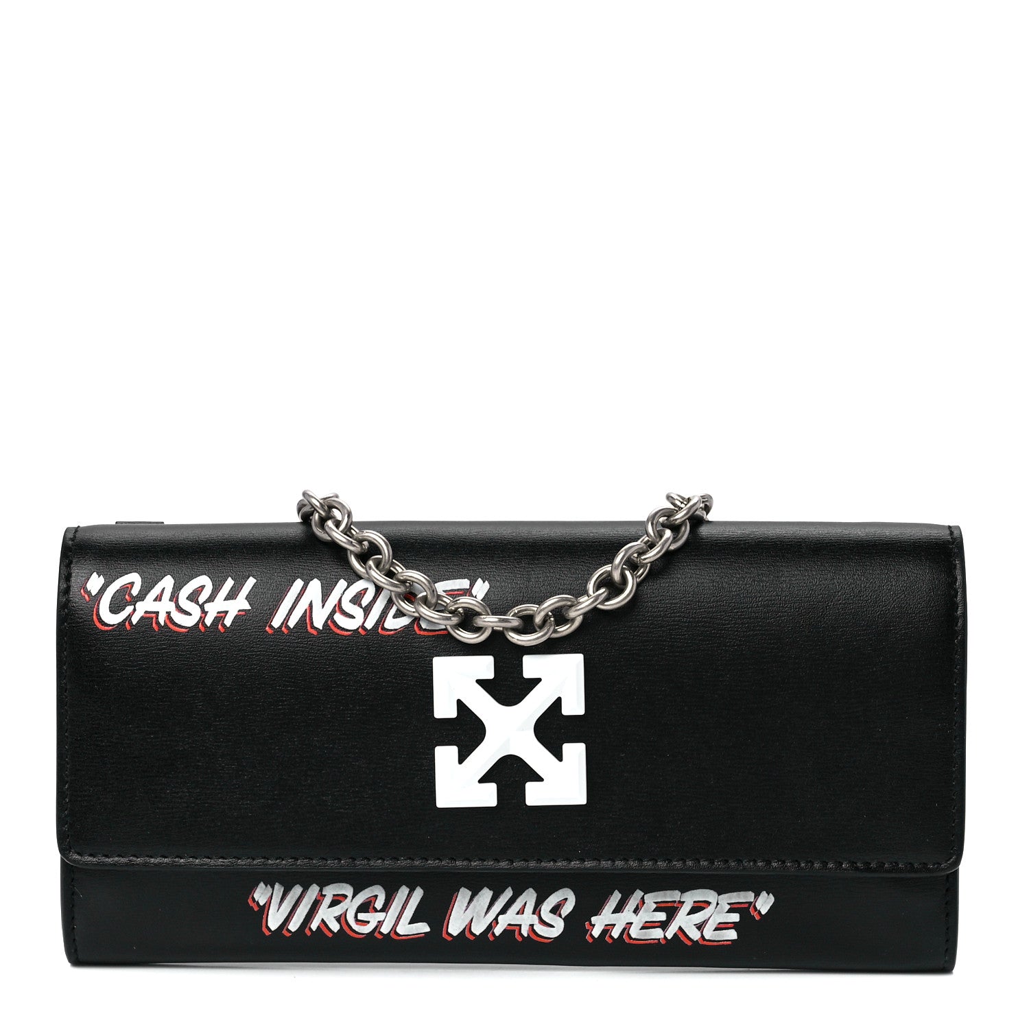 Off-White Calfskin Jitney Logo Flap Wallet On Chain Black 1 of 10