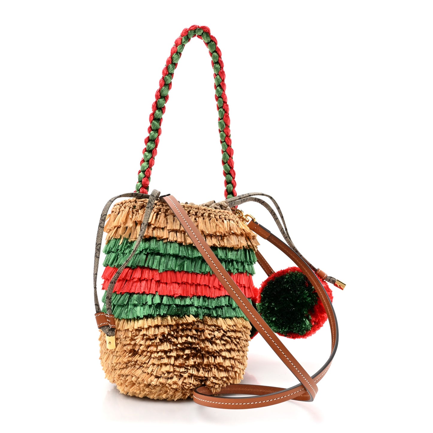 Raffia Fringe GG Top Handle Bag Bronze Natural Red Green