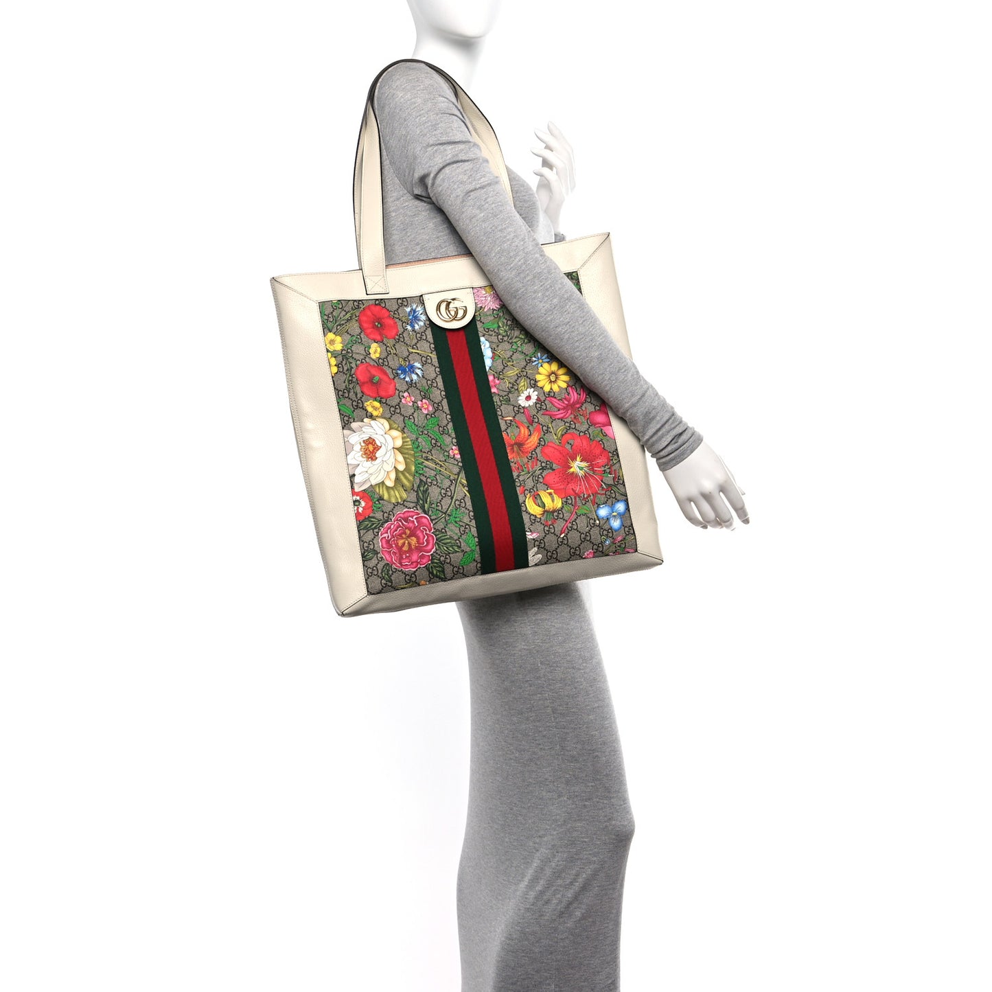 GG Supreme Monogram Flora Web Ophidia Vertical Shopping Tote White