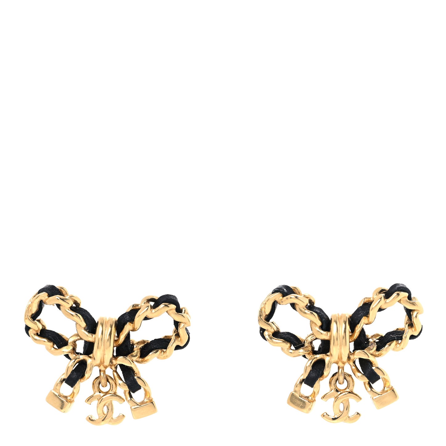 Lambskin Chain Bow Stud Earrings Black Gold