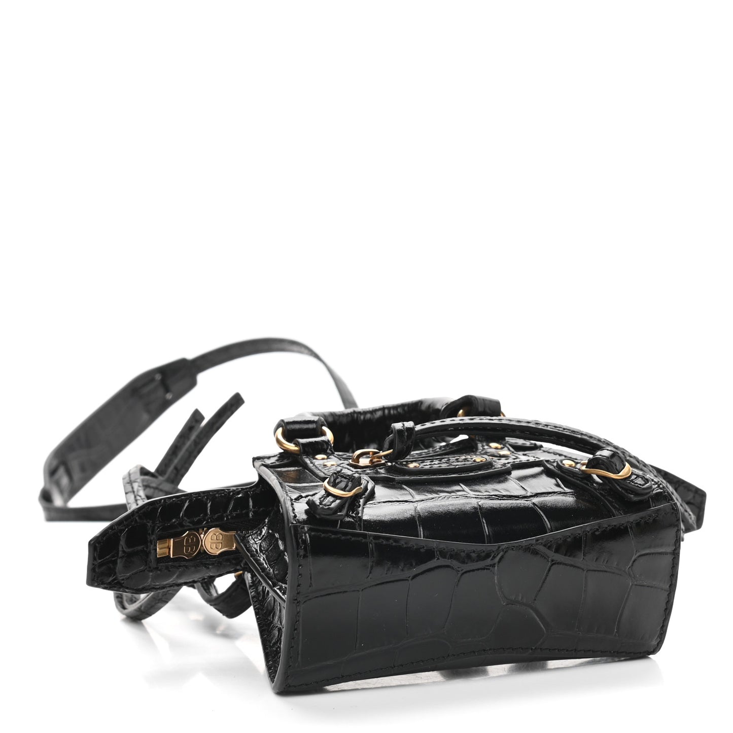 Shiny Supple Calfskin Crocodile Embossed Neo Classic Gold Hardware Super Nano City Crossbody Black