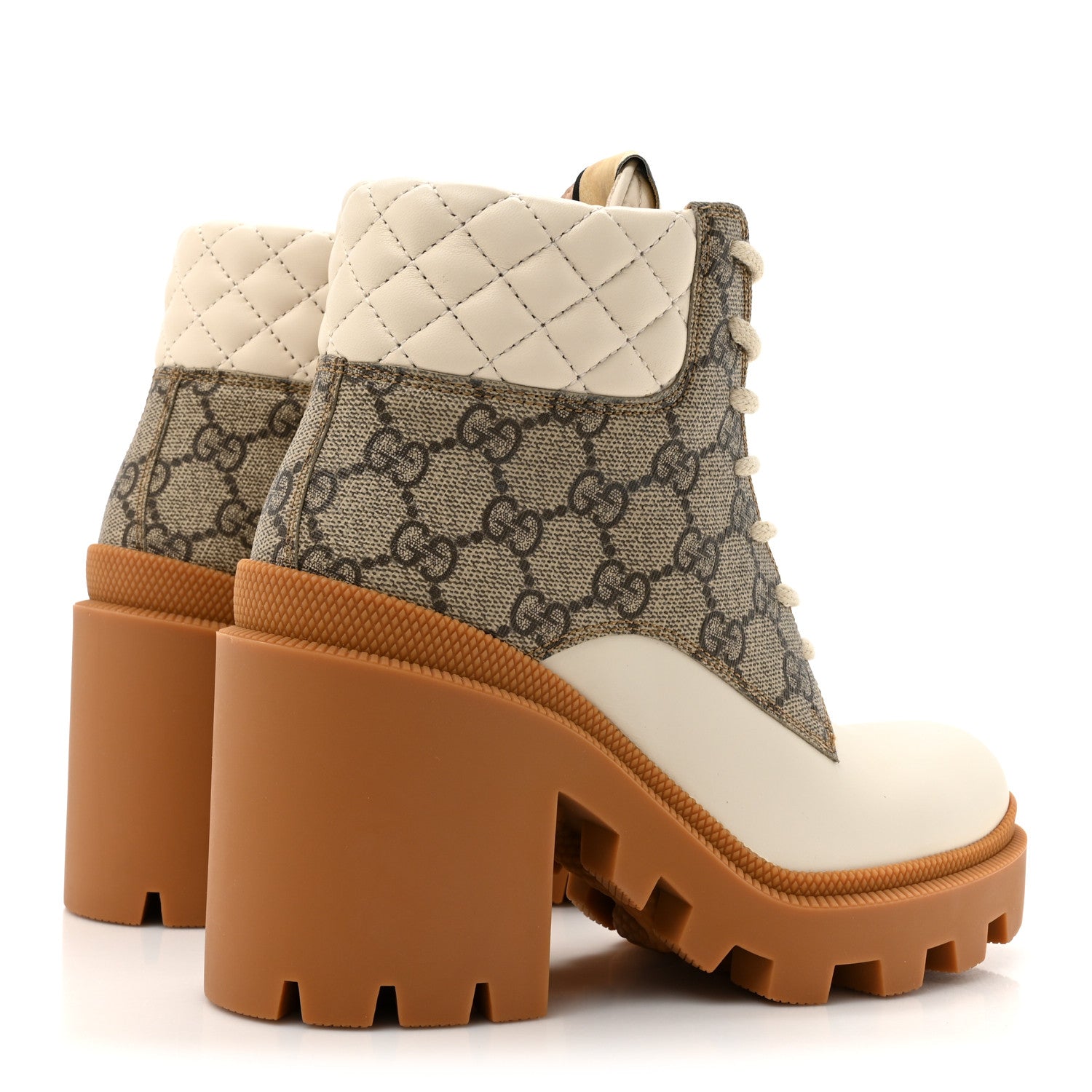 Gucci Calfskin GG Supreme Monogram Nappa Quilted Lace Up Ankle Boots 35 Mystic White Beige 5 of 10