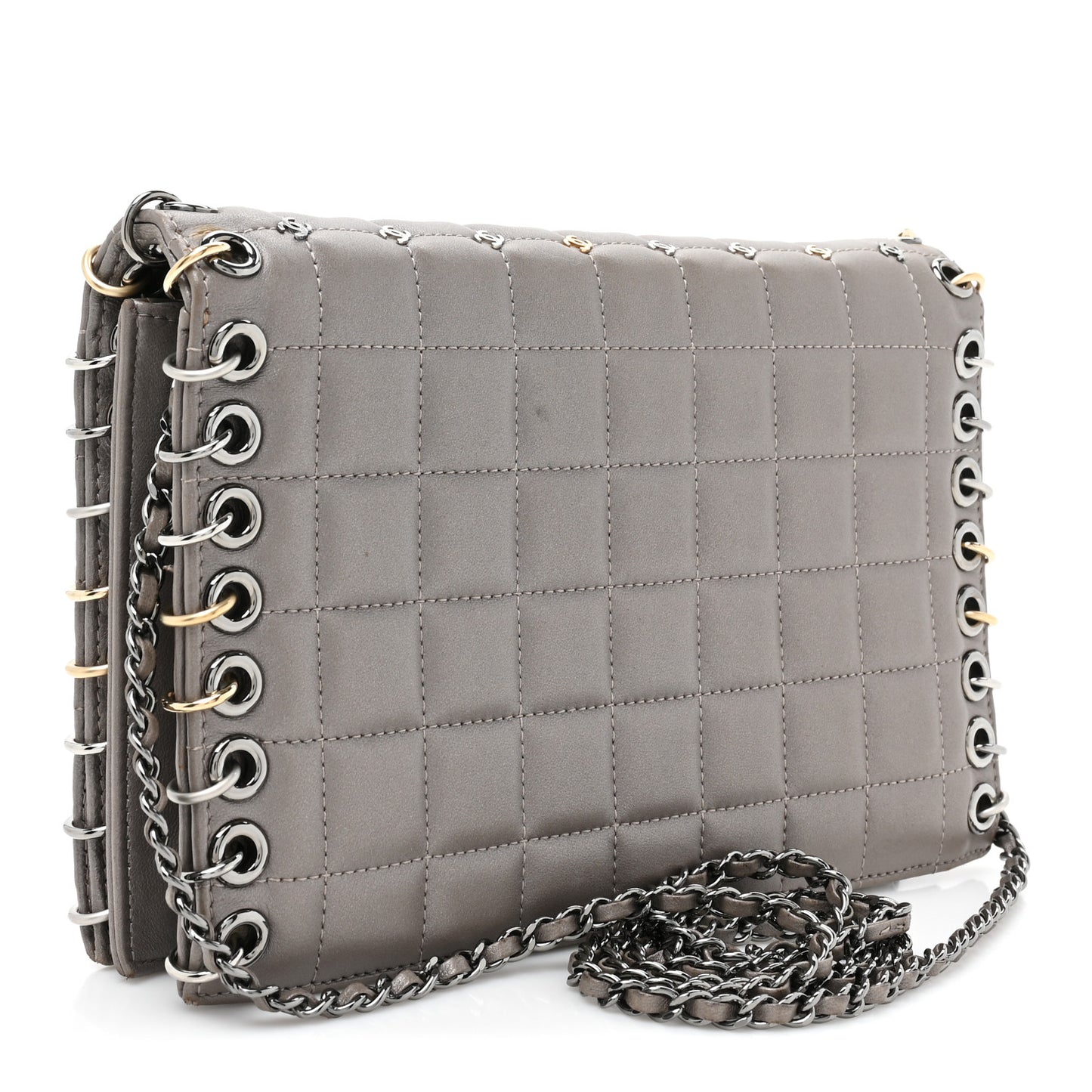 Lambskin Chocolate Bar Piercing CC Studded Small Chain Flap Bag Grey