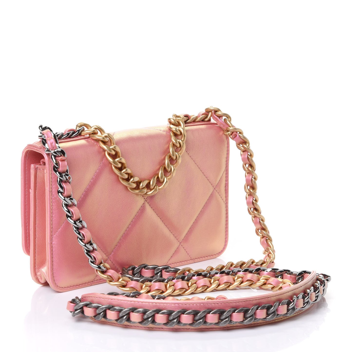 Iridescent Calfskin Quilted Chanel 19 Wallet On Chain WOC Pink