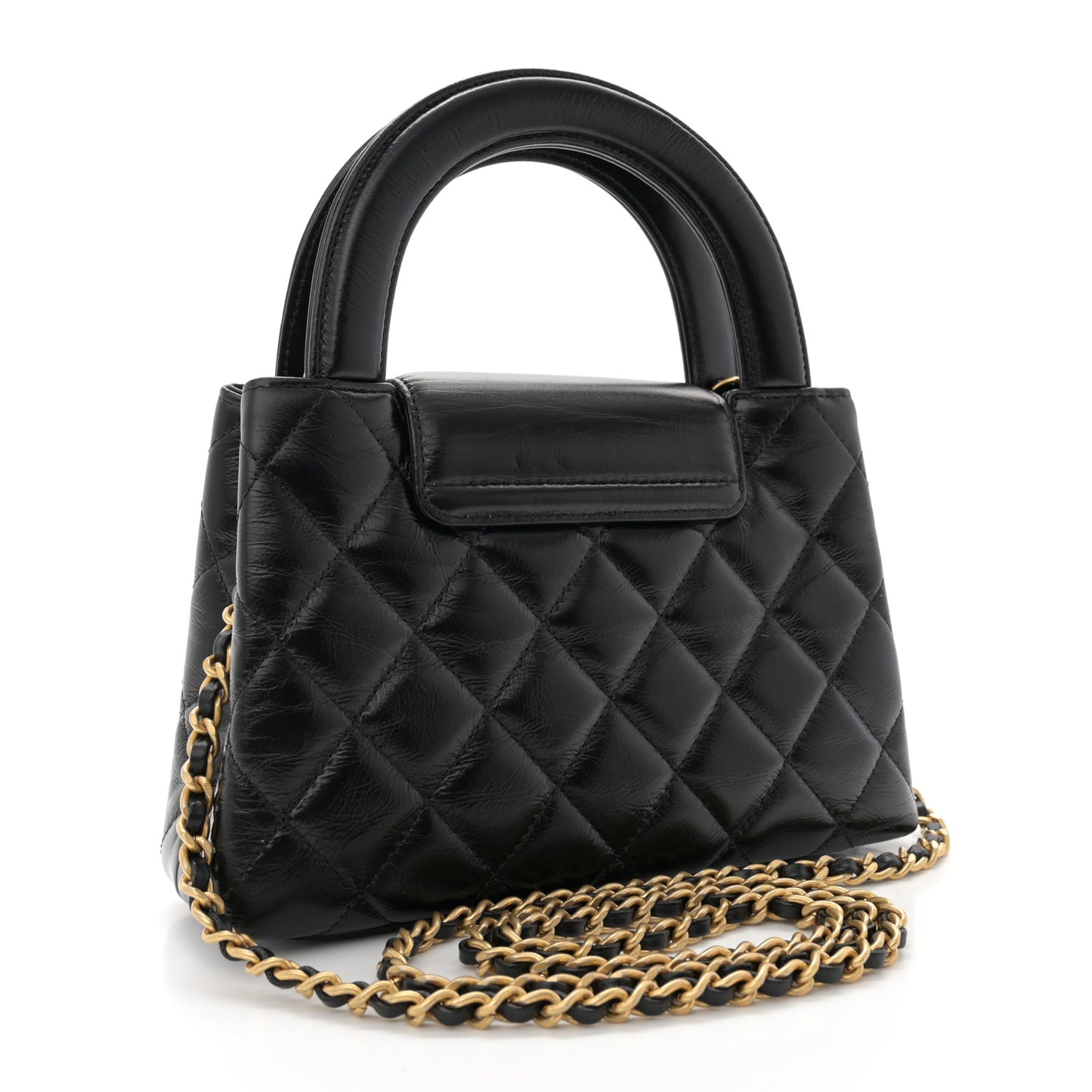 Shiny Aged Calfskin Quilted Nano Kelly Shopper Black