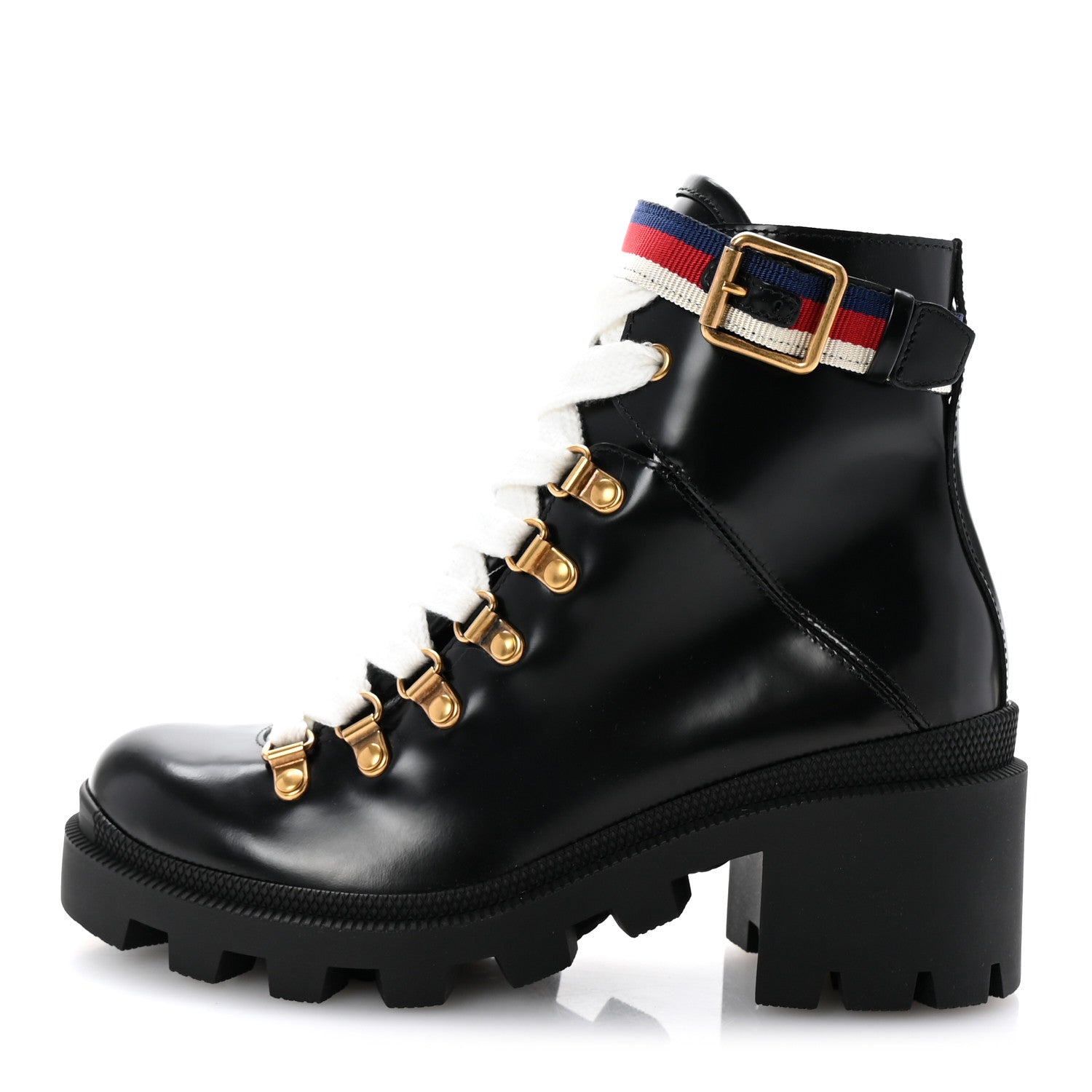 Gucci Calfskin Sylvie Web Lace Up Combat Boots 35 Black 1681550