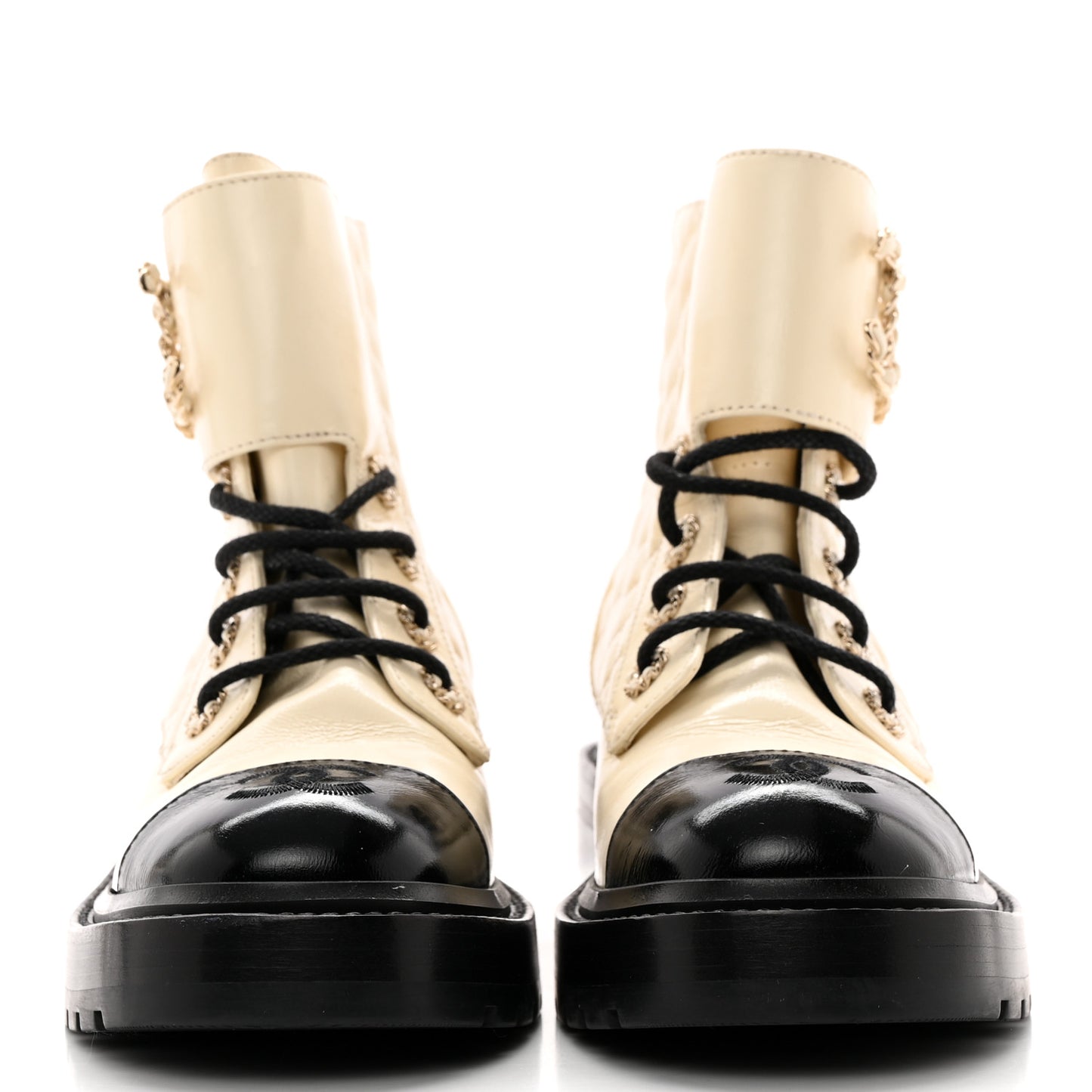 Shiny Calfskin Quilted Lace Up Combat Boots 37 Ivory Black