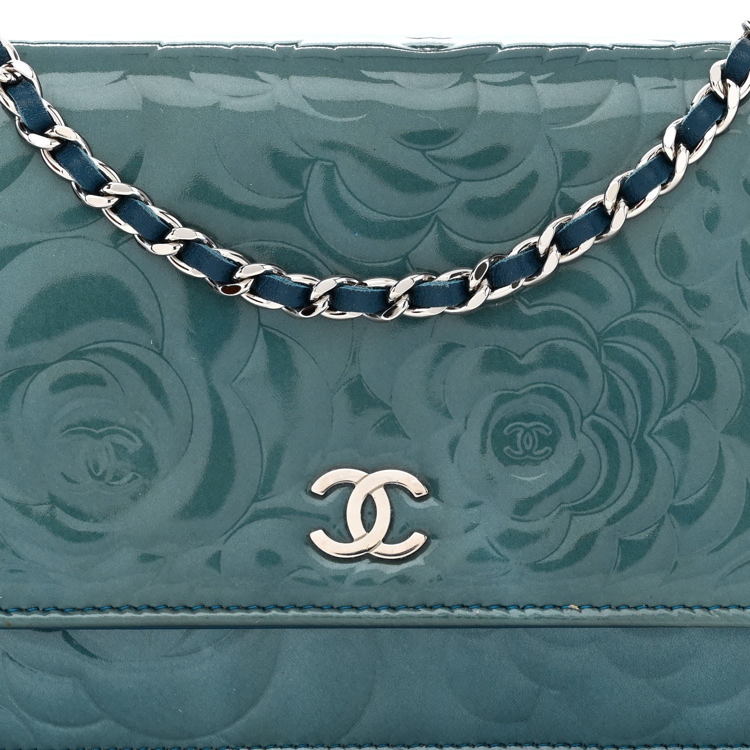 Chanel Patent Camellia Wallet on Chain WOC Royal Blue 9 of 13