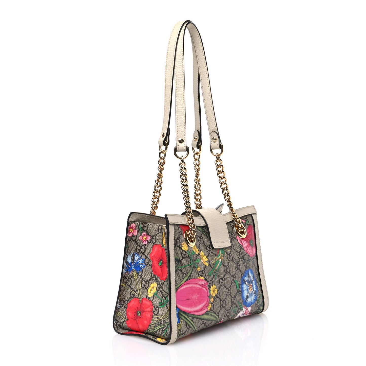 GG Supreme Monogram Flora Textured Calfskin Small Padlock Tote Beige Ebony Multicolor Mystic White