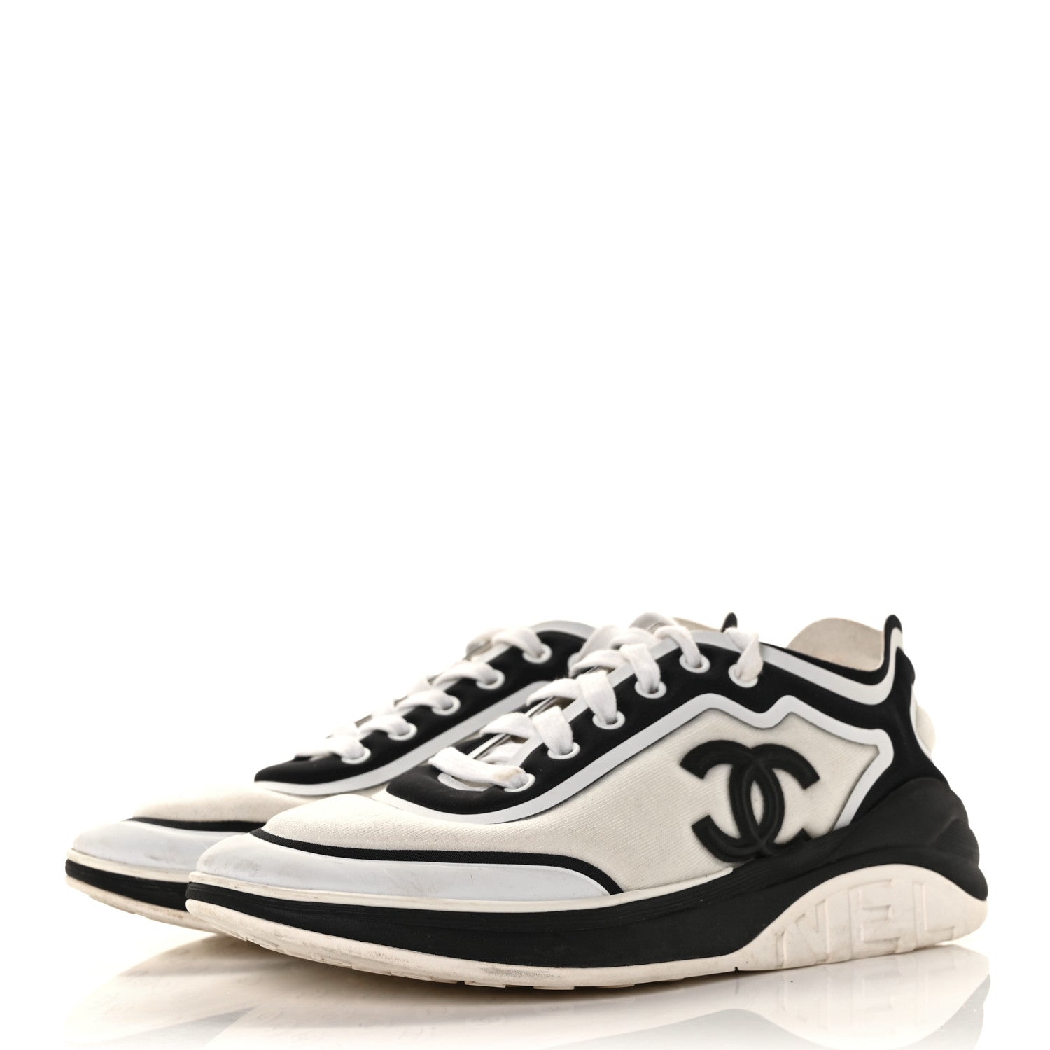 Chanel Lycra Womens CC Sneakers 38.5 White Black 3 of 6