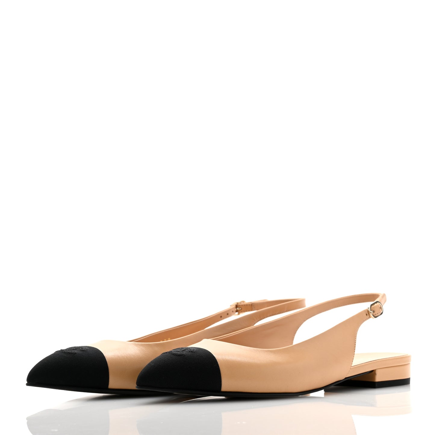 Goatskin Grosgrain Pointed Toe CC Slingback Flats 40 Beige Black